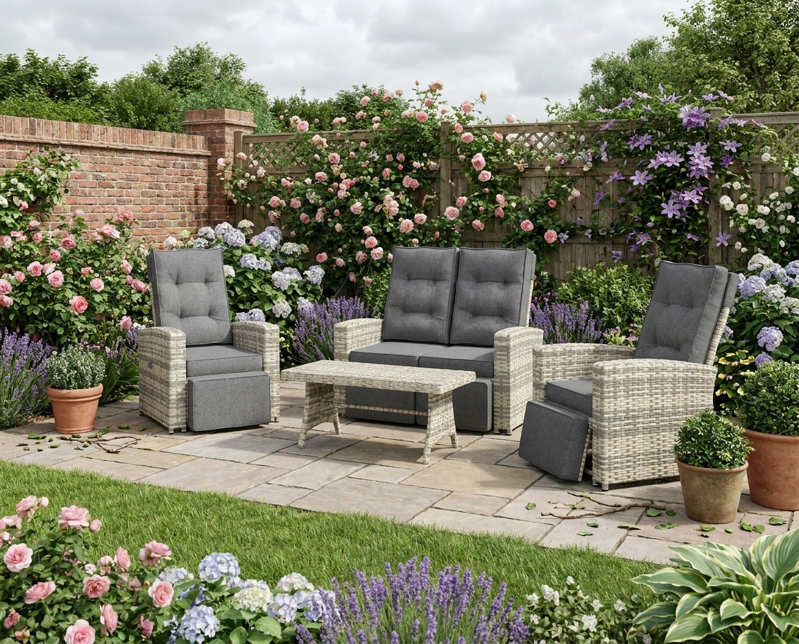 4-Piece Light Grey Rattan Outdoor Sofa Set with Glass Top Table
