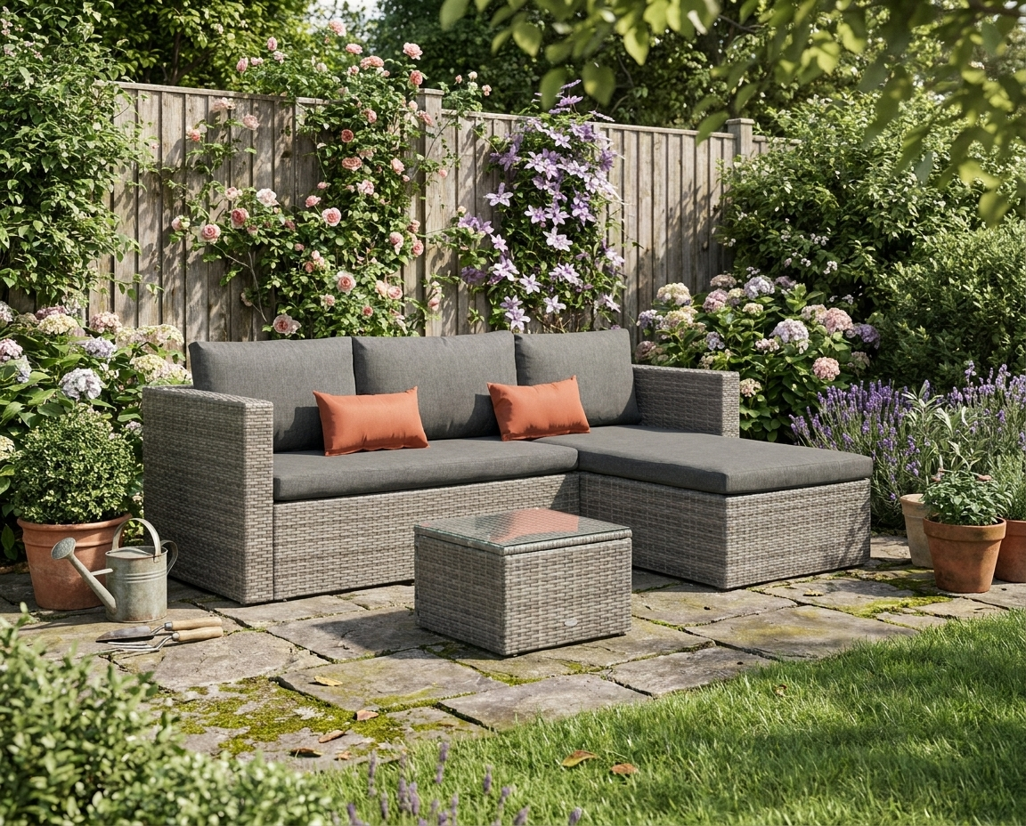 Grey L-Shaped 3 Seater Sofa With Grey Cushions and Glass Top Coffee Table