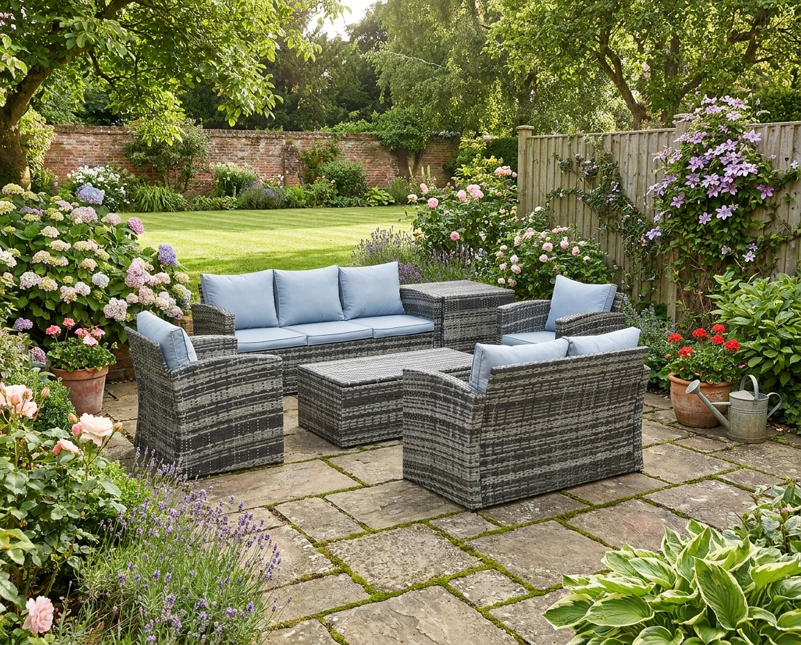 6 Pieces Grey Rattan Garden Furniture Set - 7 Seater Wicker Outdoor Sofa Set with Storage Tea Table & Side Table, Cushions Included