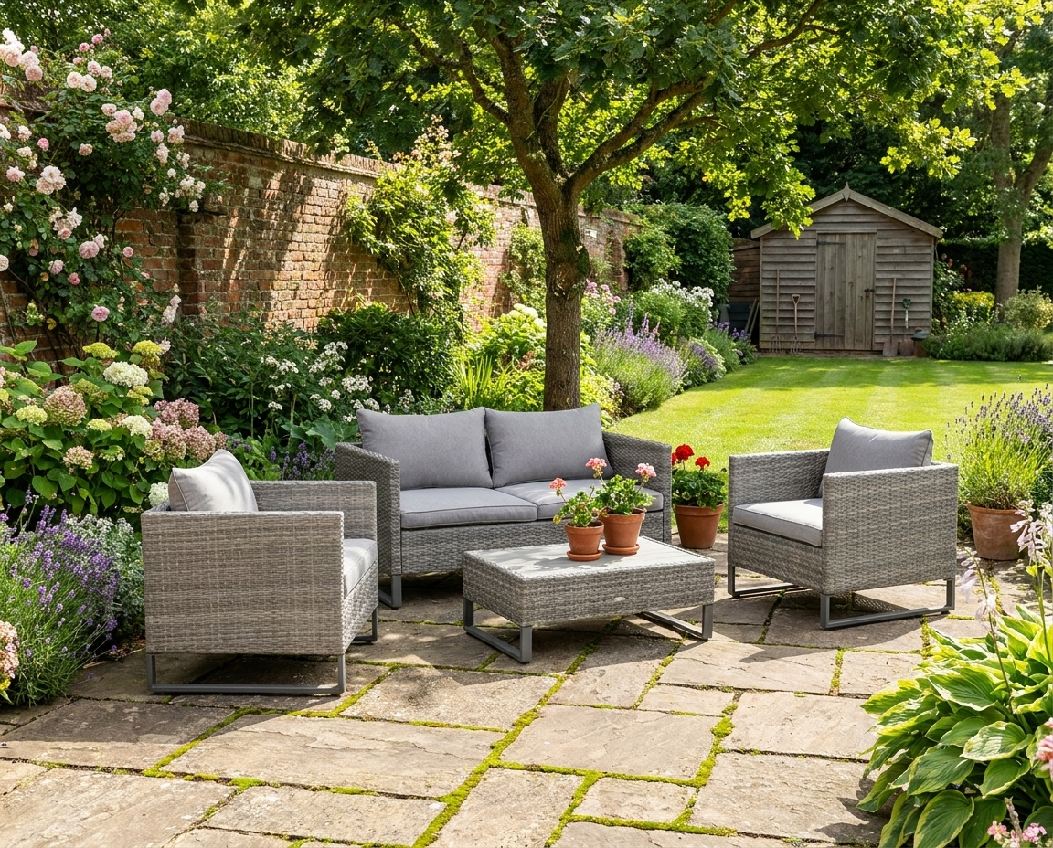 Light Grey Wicker Chairs and 2 Seater Sofa With Glass Top Coffee Table
