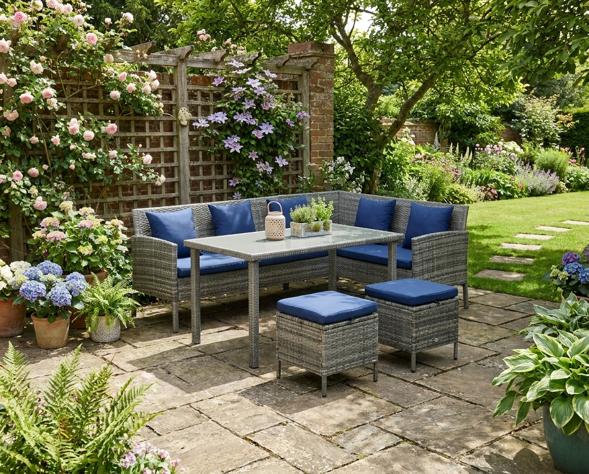 5-Piece Dark Blue Rattan Garden Furniture Set with Dining Table and Cushions - Outdoor Patio Seating
