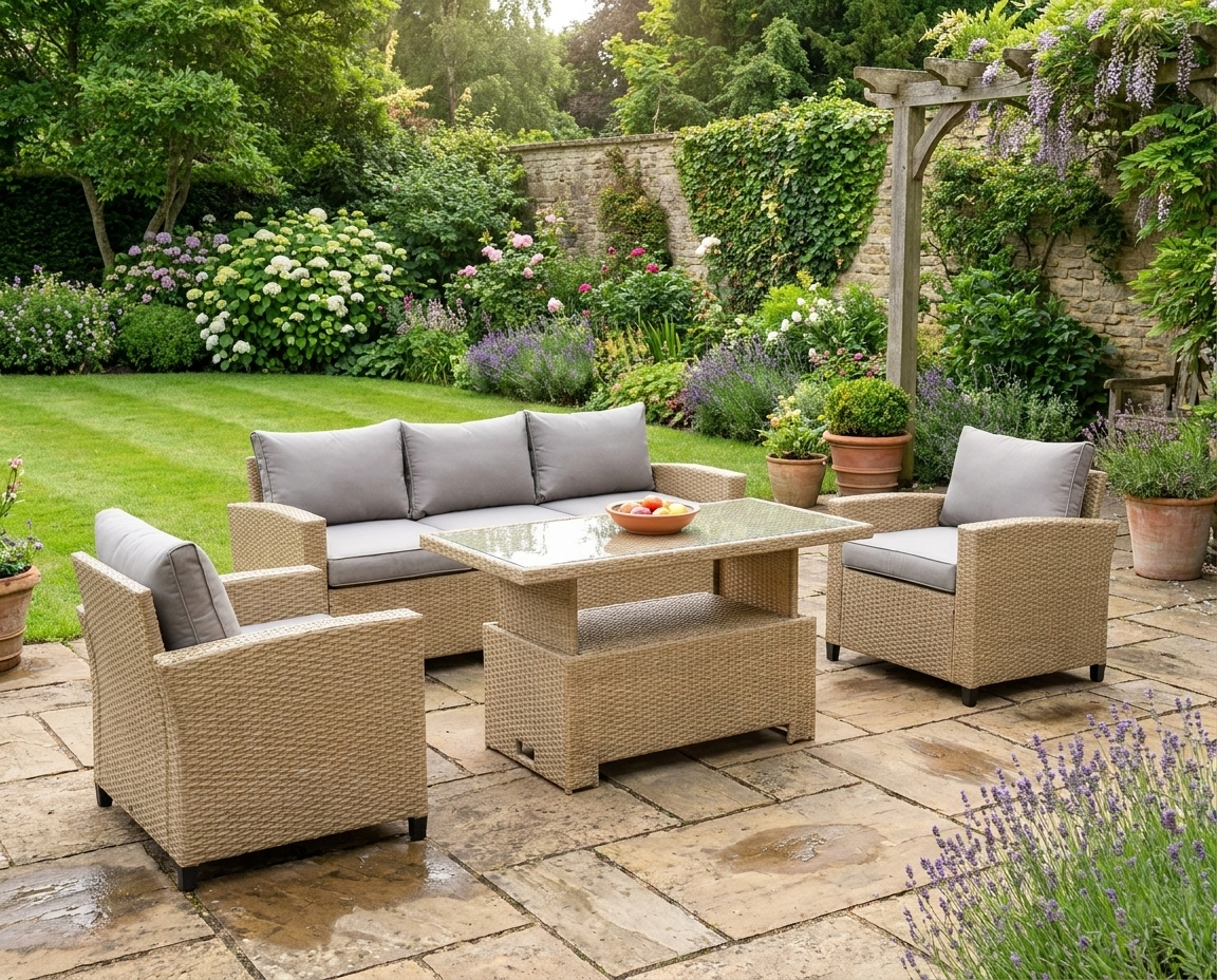 Light Brown 4 Piece Rattan Furniture Set With Adjustable Table & Thick Cushions