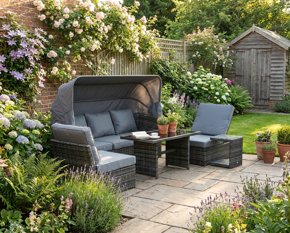 Grey 5 Piece Rattan Furniture Set With Reclining Sofa & Dining Table Set