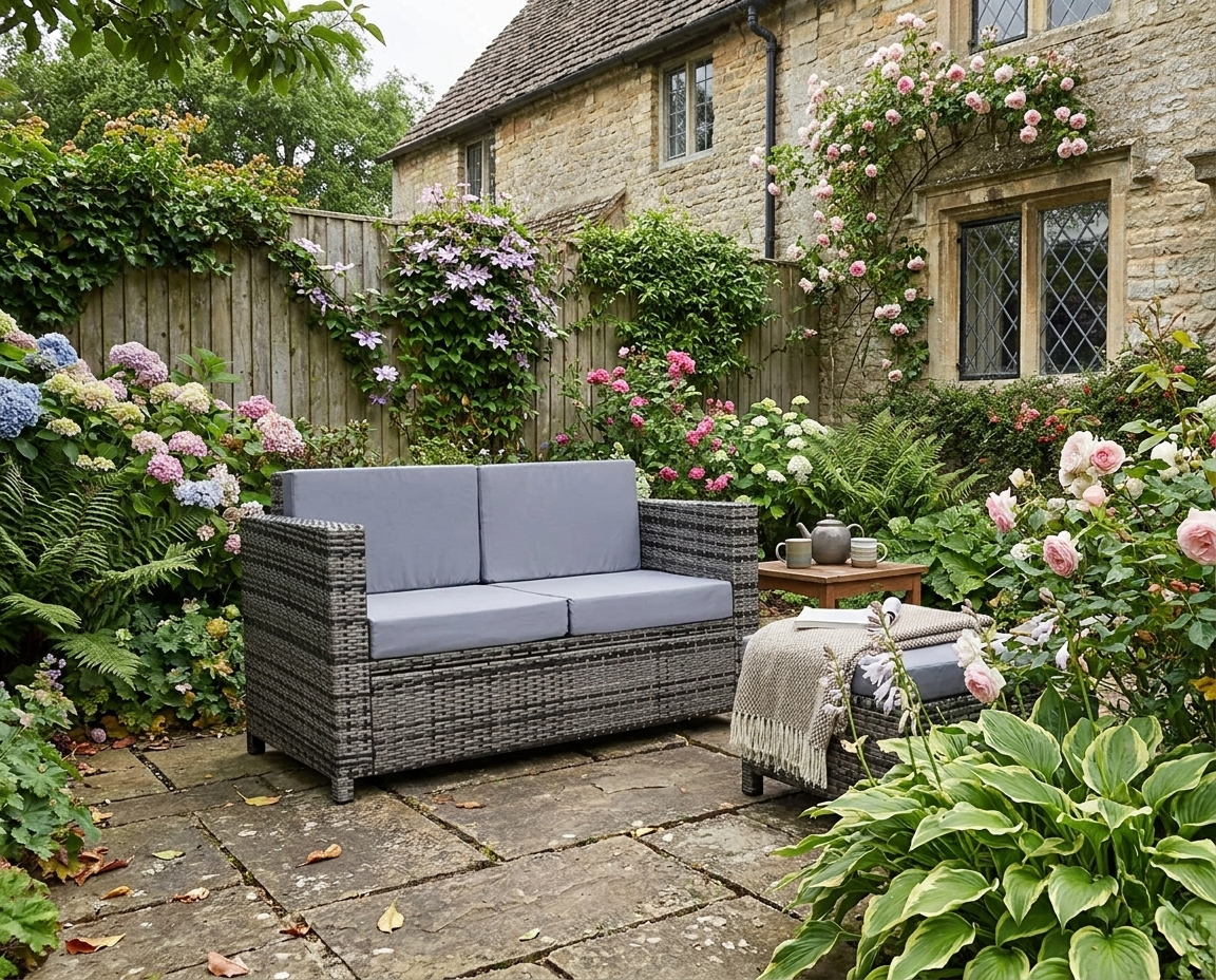 2 Seater Rattan Sofa in Mixed Grey - Soft Padded Cushion & Armrests