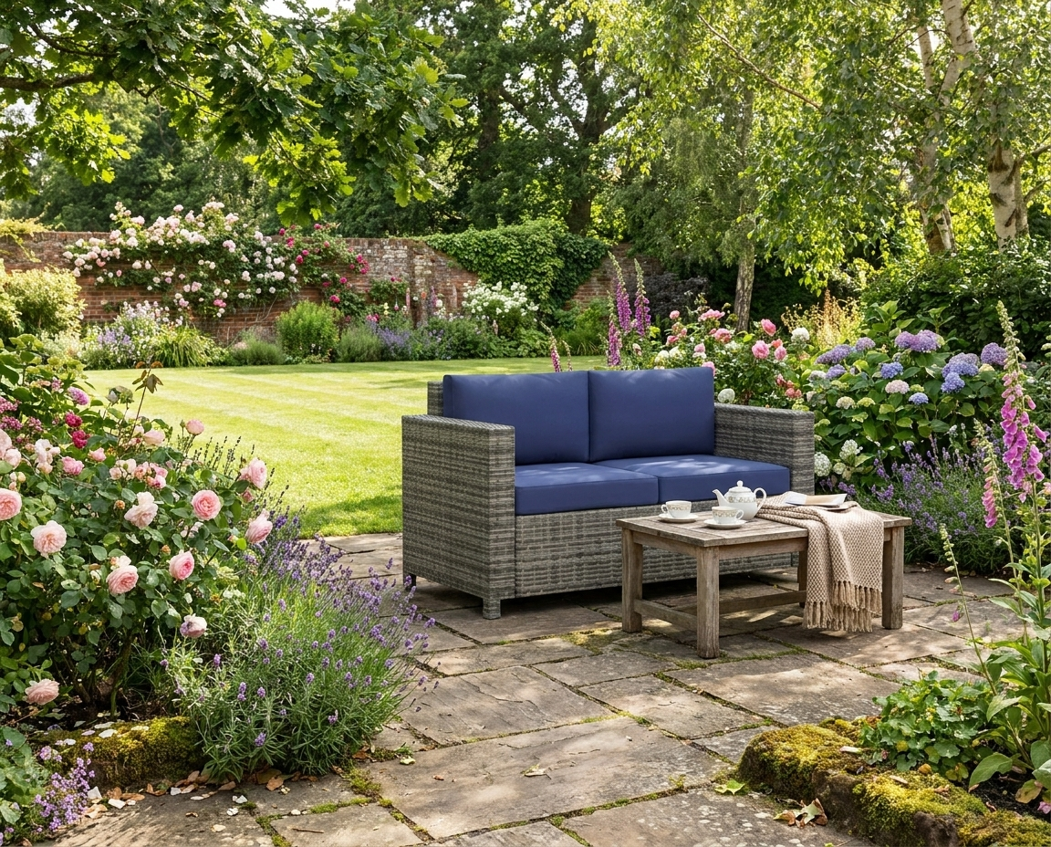 Navy Blue Rattan 2 Seater Garden Sofa with Soft Padded Cushions and Armrests - Wicker Loveseat for Patio