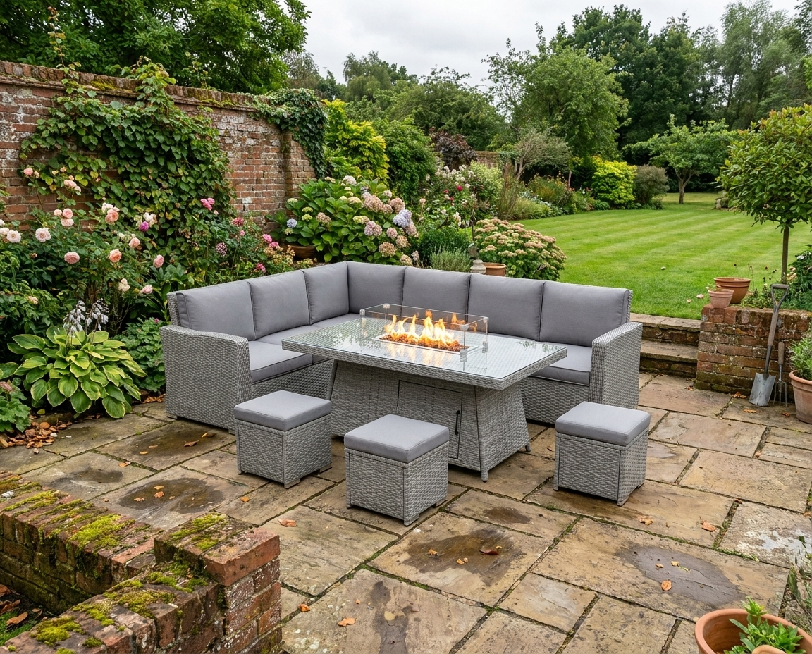 7-Piece Grey Rattan Sofa Set with Firepit Table - Outdoor Patio Furniture