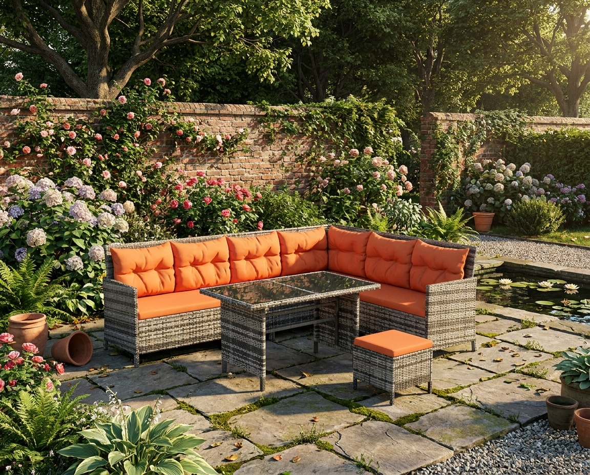 7-Seater Orange Cushioned Rattan Wicker Patio Sofa Set with Glass Table