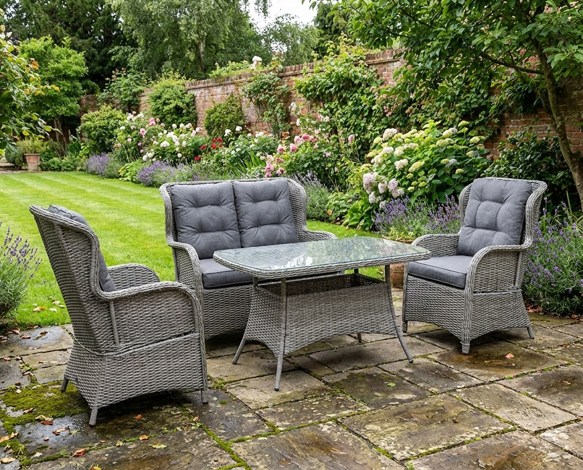 4 Seater Light Grey PE Rattan Outdoor Dining Sofa Set with High Back Chairs and Cushions, Tempered Glass Coffee Table for Patio
