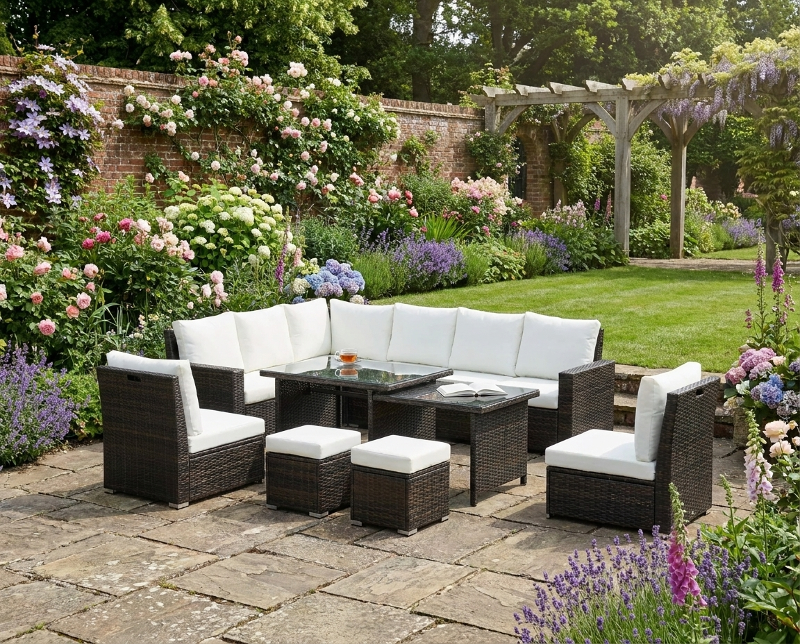 10 Seater Mixed Brown Rattan Corner Sofa - Cream Cushions