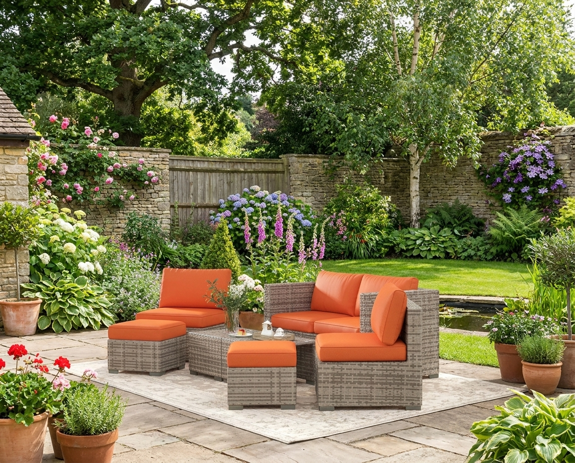 8-Piece Rattan Garden Furniture Set with Orange and Grey Cushions