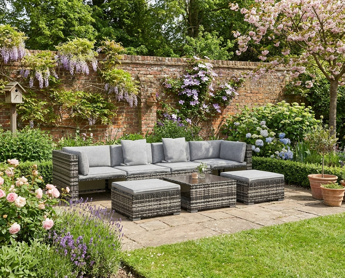 Seven-Piece Rattan Sofa Set With Cushions - Grey