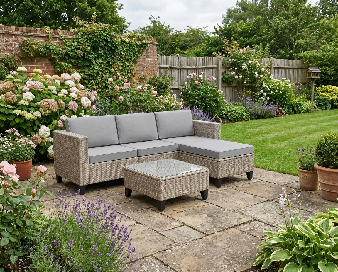 5-Piece Rattan Patio Furniture Set with Corner Sofa, Footstools, Coffee Table