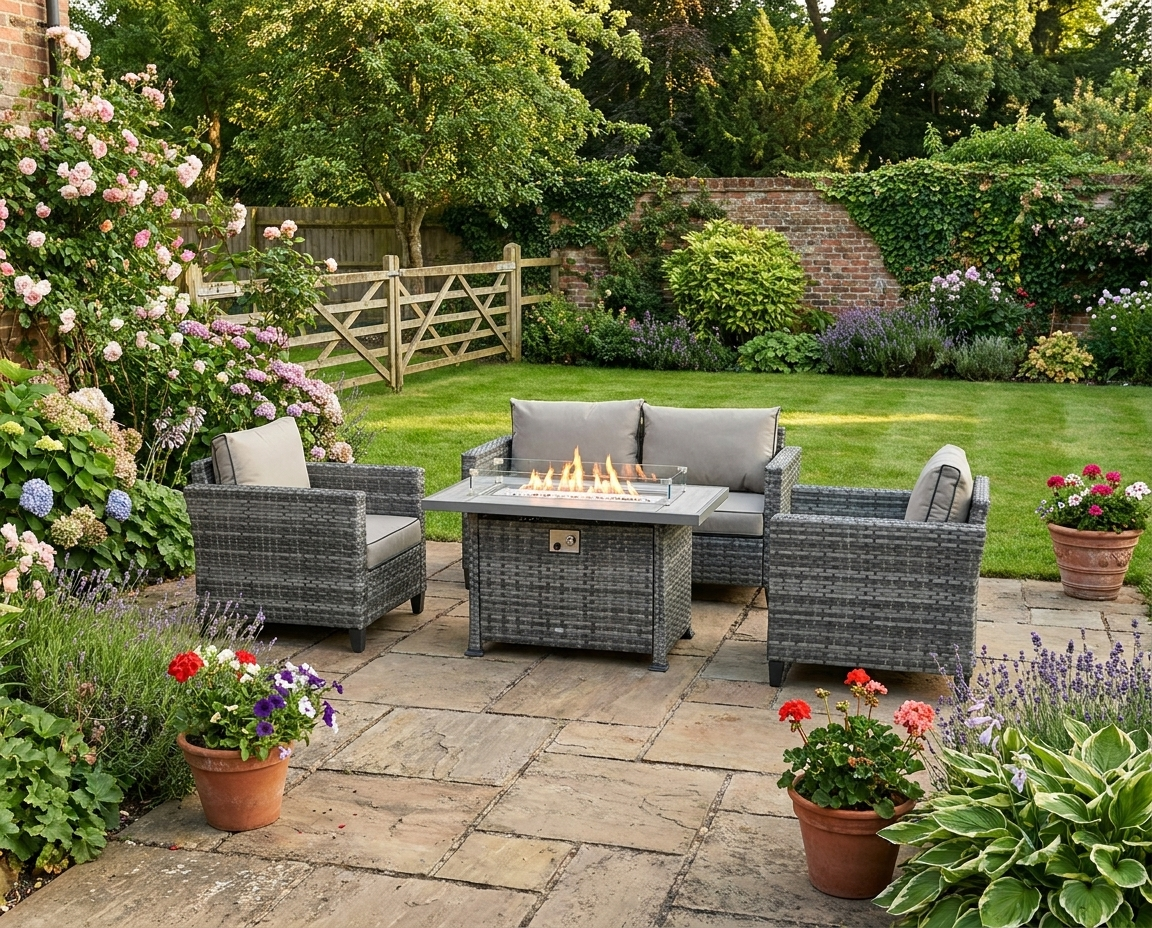 5-Piece Grey Rattan Patio Furniture Set with Gas Fire Pit