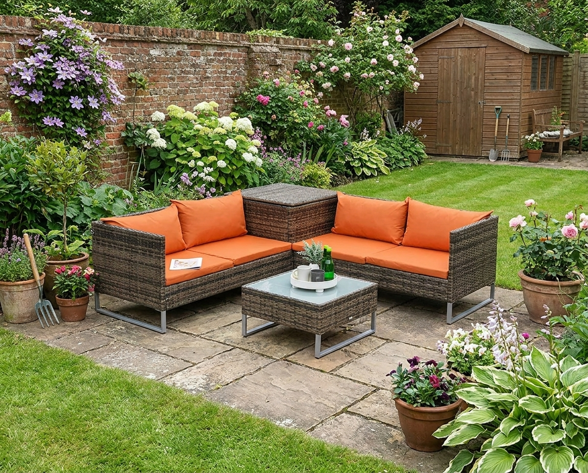 4-Piece Rattan Sofa Set with Storage Table - Orange/Brown