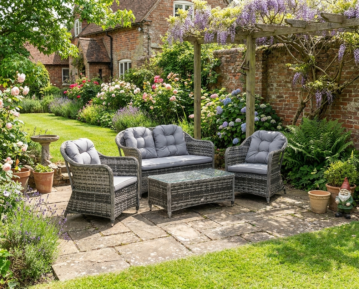 4 Pieces Outdoor PE Rattan Sofa Set with Glass Top Coffee Table, Mixed Grey