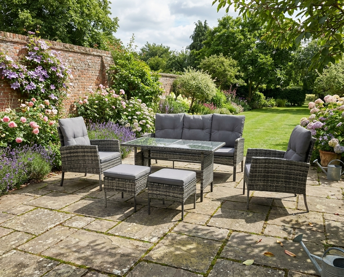 Grey Rattan Furniture Set - 2 Armchairs, 3-seater Wicker Sofa, 2 Footstools and Glass Table
