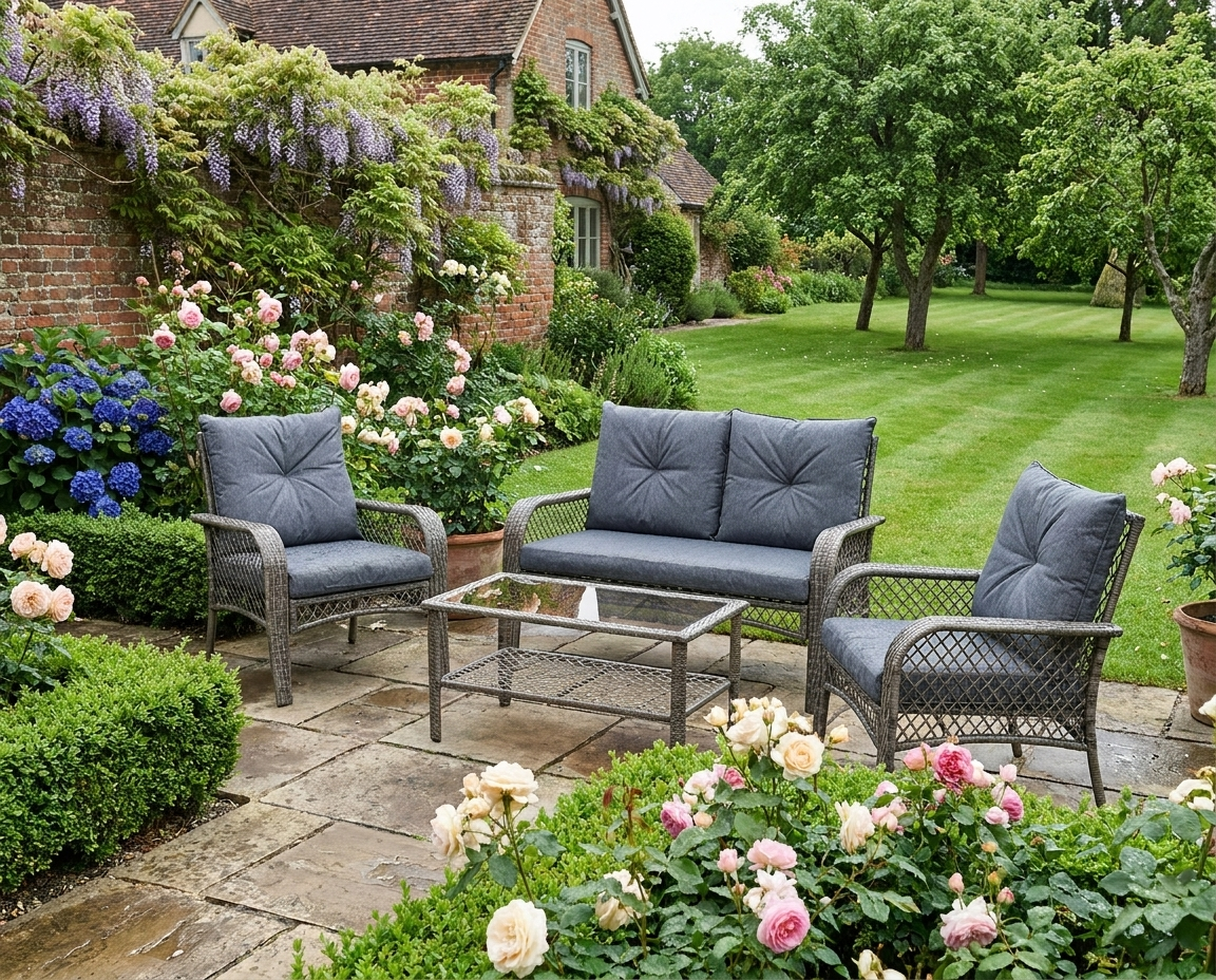 4 Piece Patio PE Rattan Wicker Sofa Set With Two Tier Coffee Table & Cushions