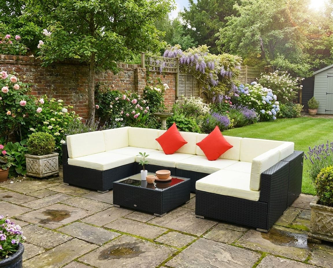 7 Piece Rattan Garden Set With Glass-Top Table