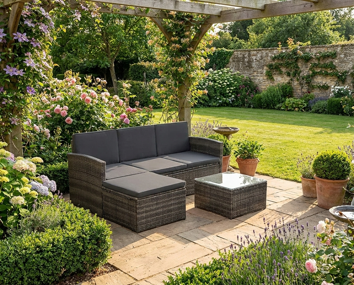 Dark Grey L-Shaped 3 Seater Sofa With Black Cushions and Glass Top Coffee Table