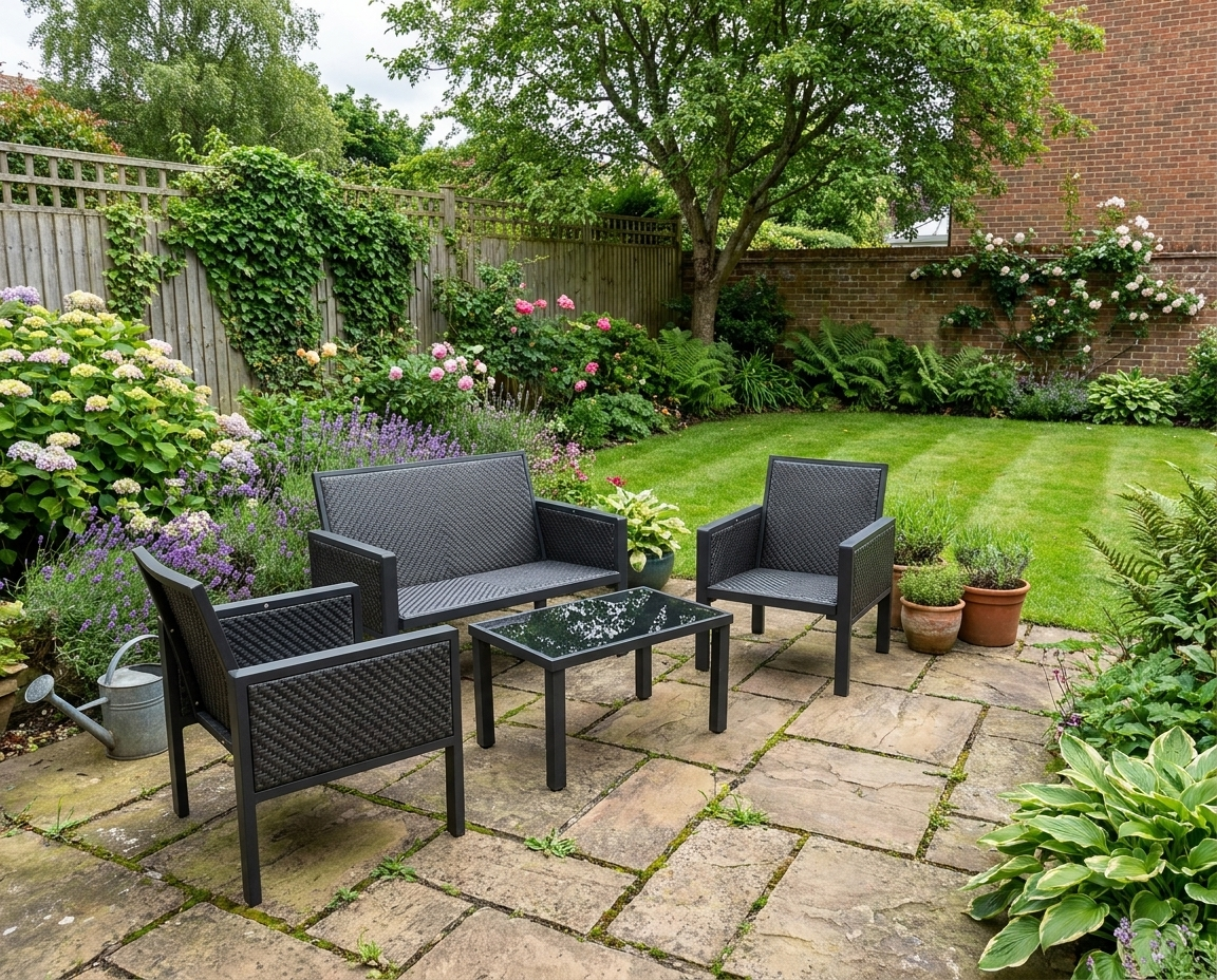 Black 4 Piece Rattan Furniture Set with Grey Cushions, 2 Armchairs and Dark Coffee Table