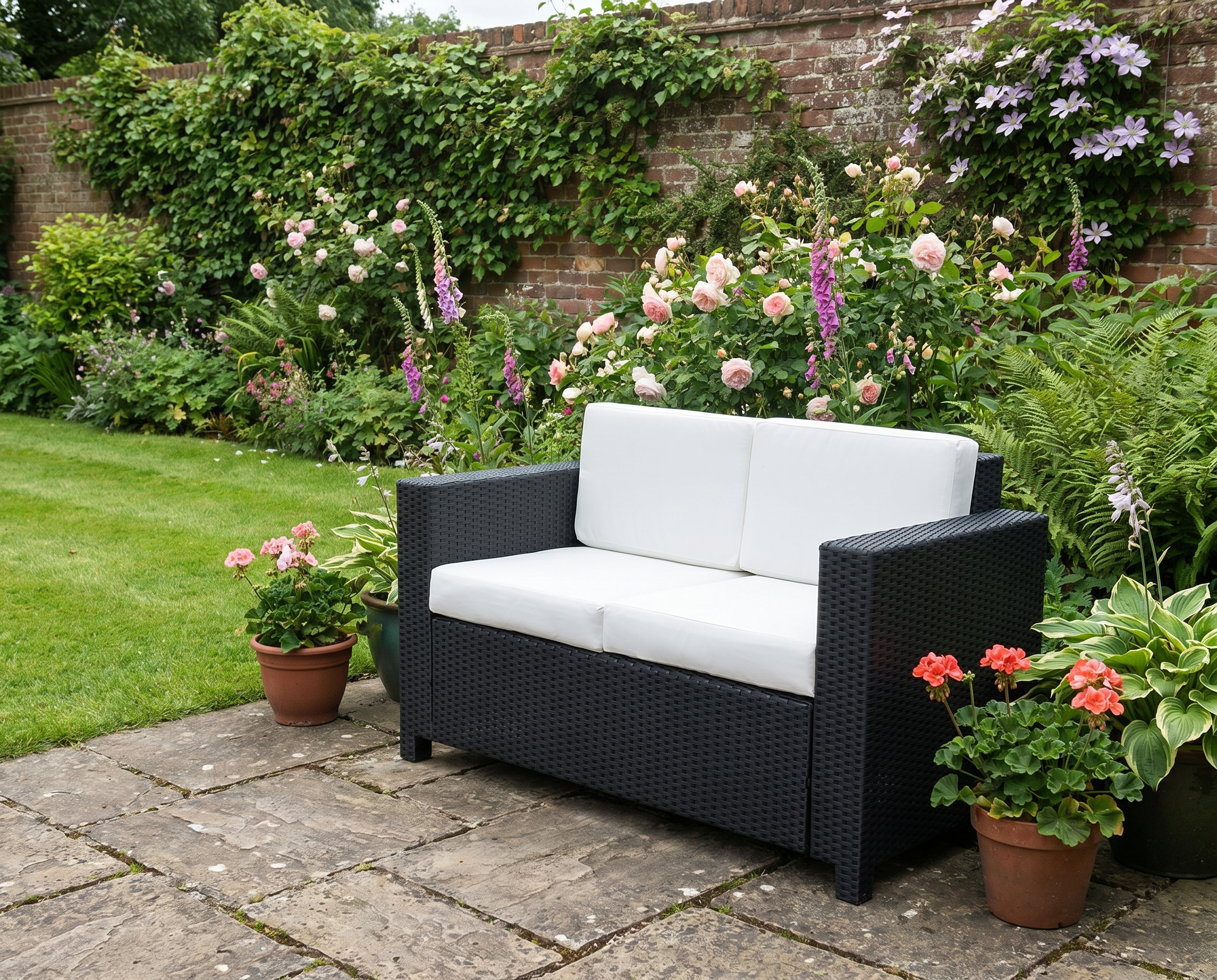 Black 2 Seater Rattan Sofa with Soft Padded White Cushions