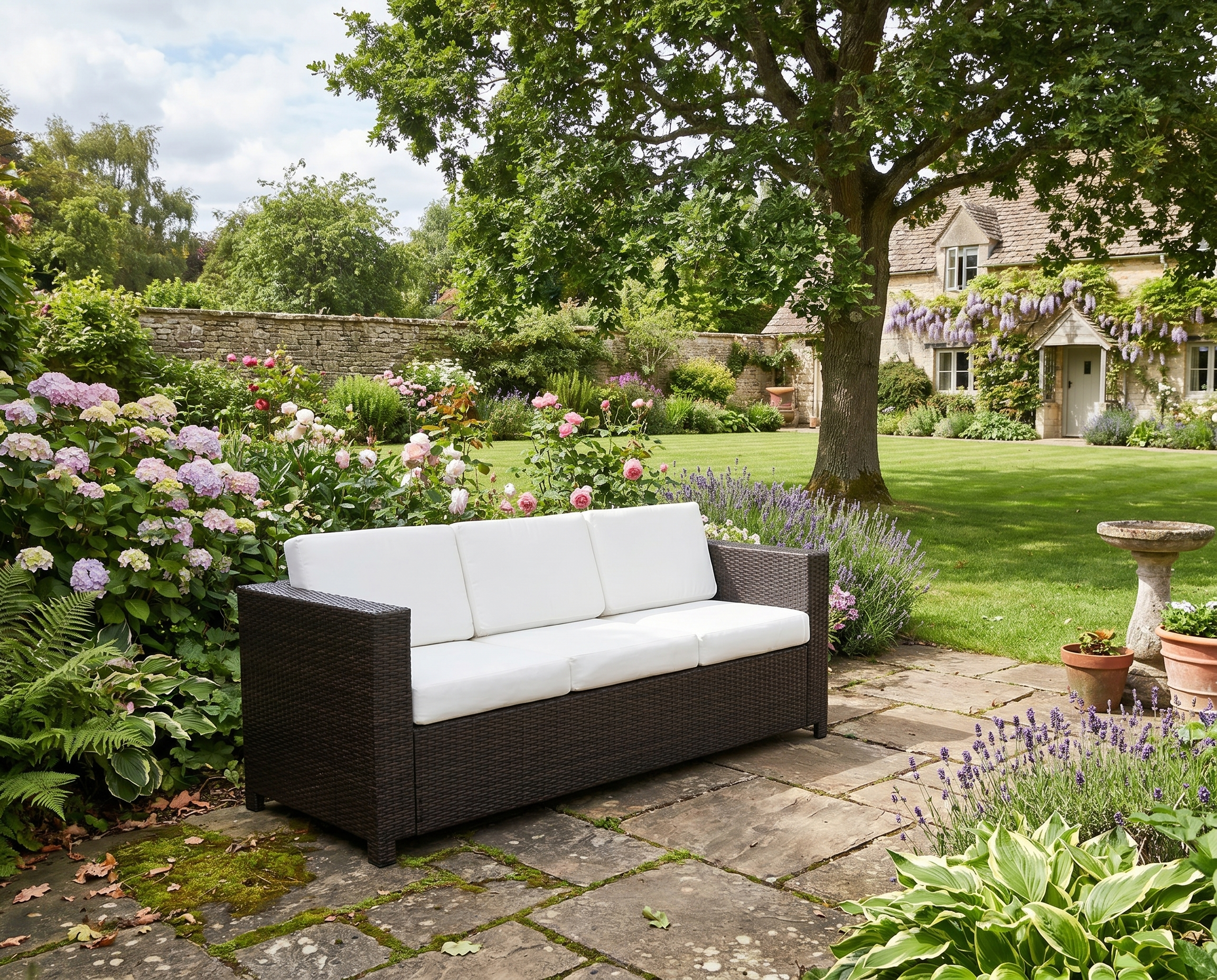 Dark Brown 3 Seater Rattan Sofa With White Cushions