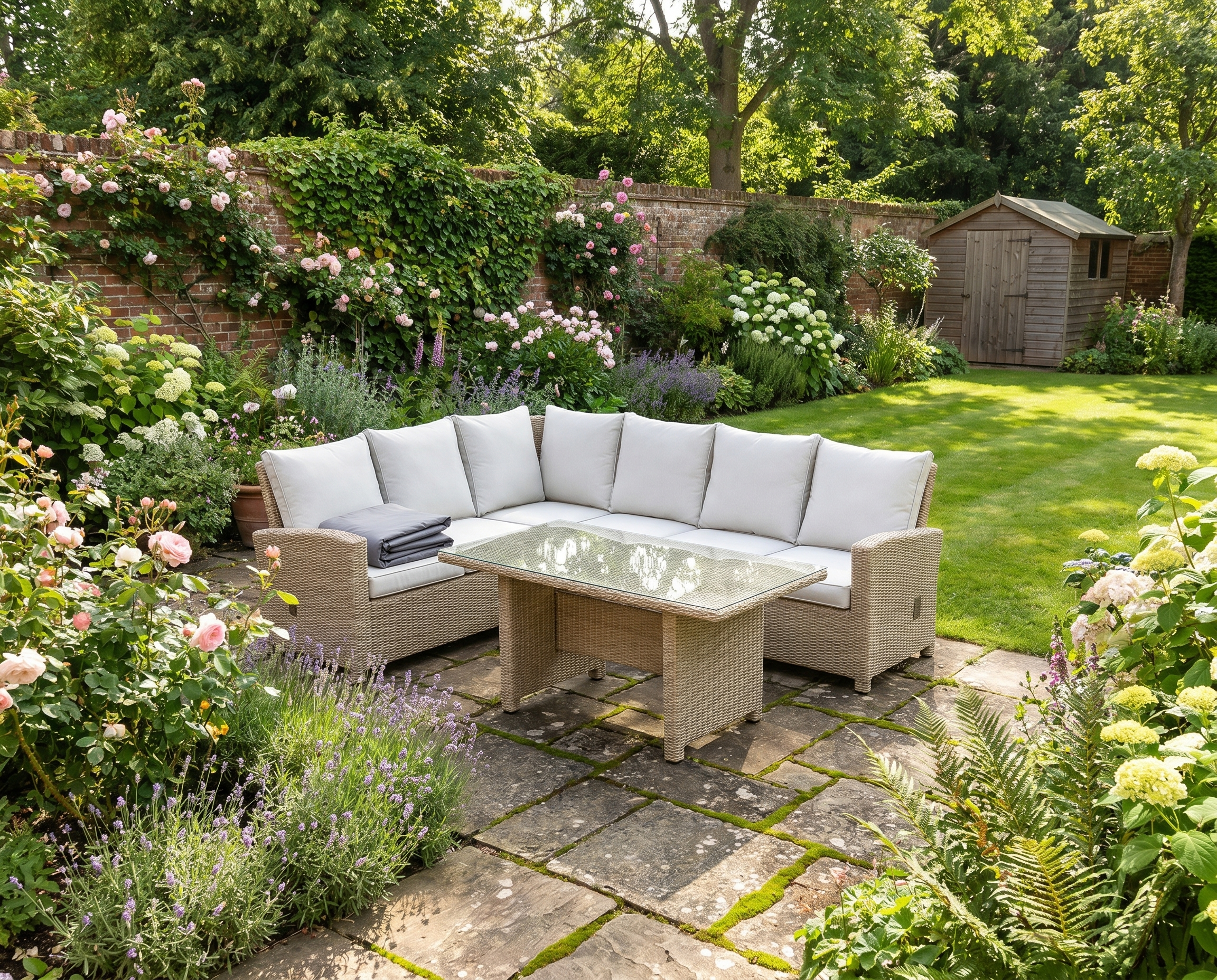 Light Brown 6-Seater Reclining Rattan Dining Set With Glass Table & Olefin Cushions