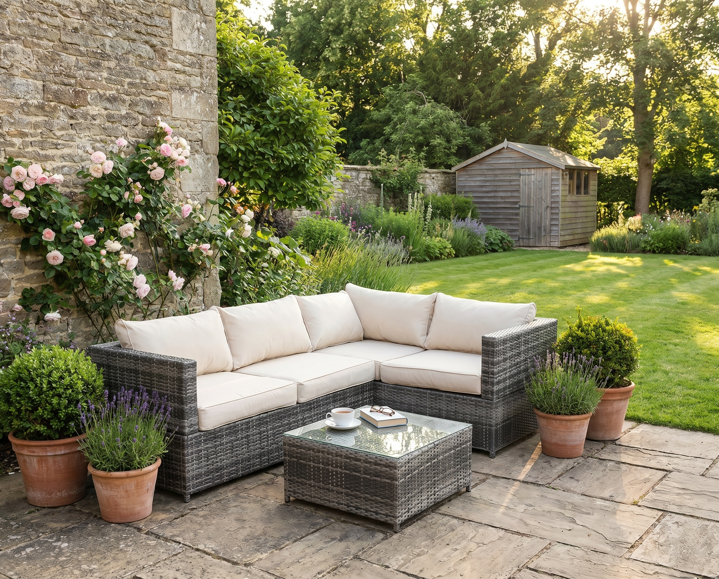 Beige 4 Seater Rattan Corner Sofa Chair Set with Coffee Table