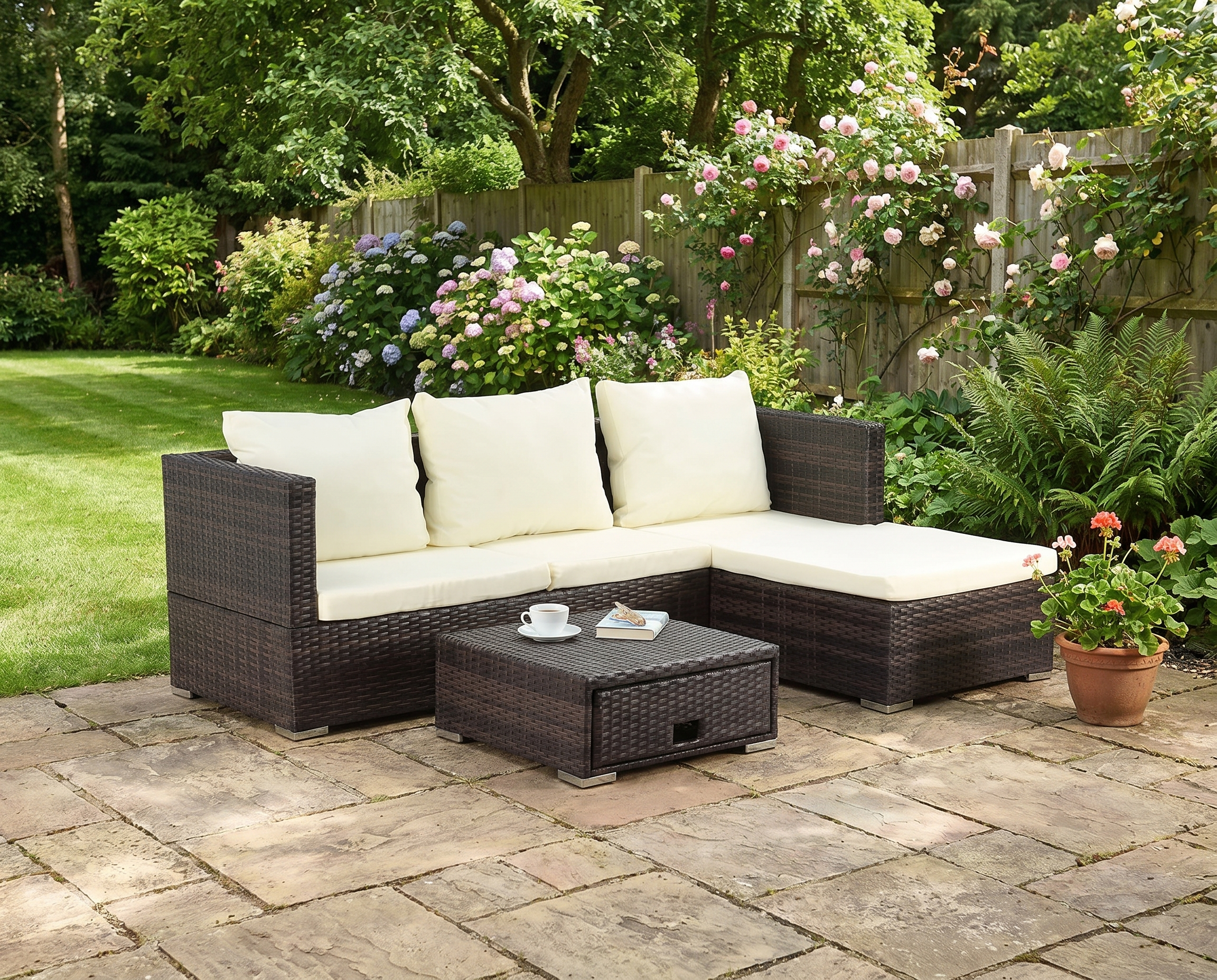 3 piece Rattan Furniture Set - 4 Seater Wicker Sofa With Cream Cushions and Footstall