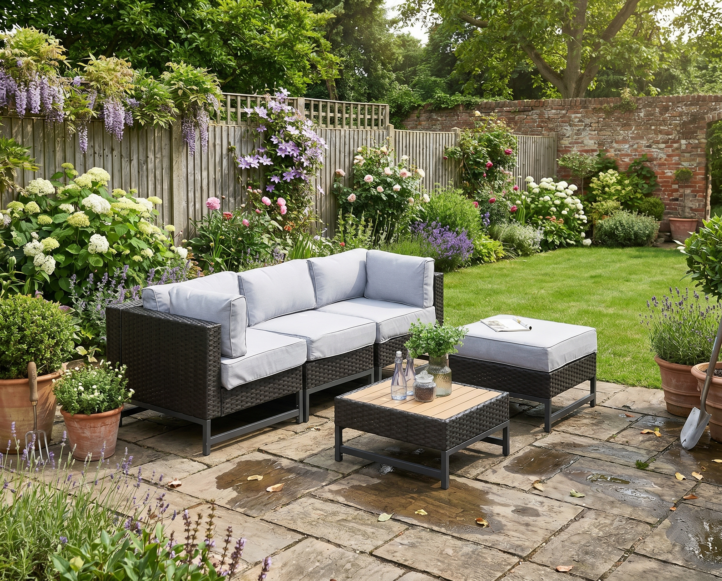 Brown 3 Seater Rattan Sofa with Cushions and Wood-Effect Top Table
