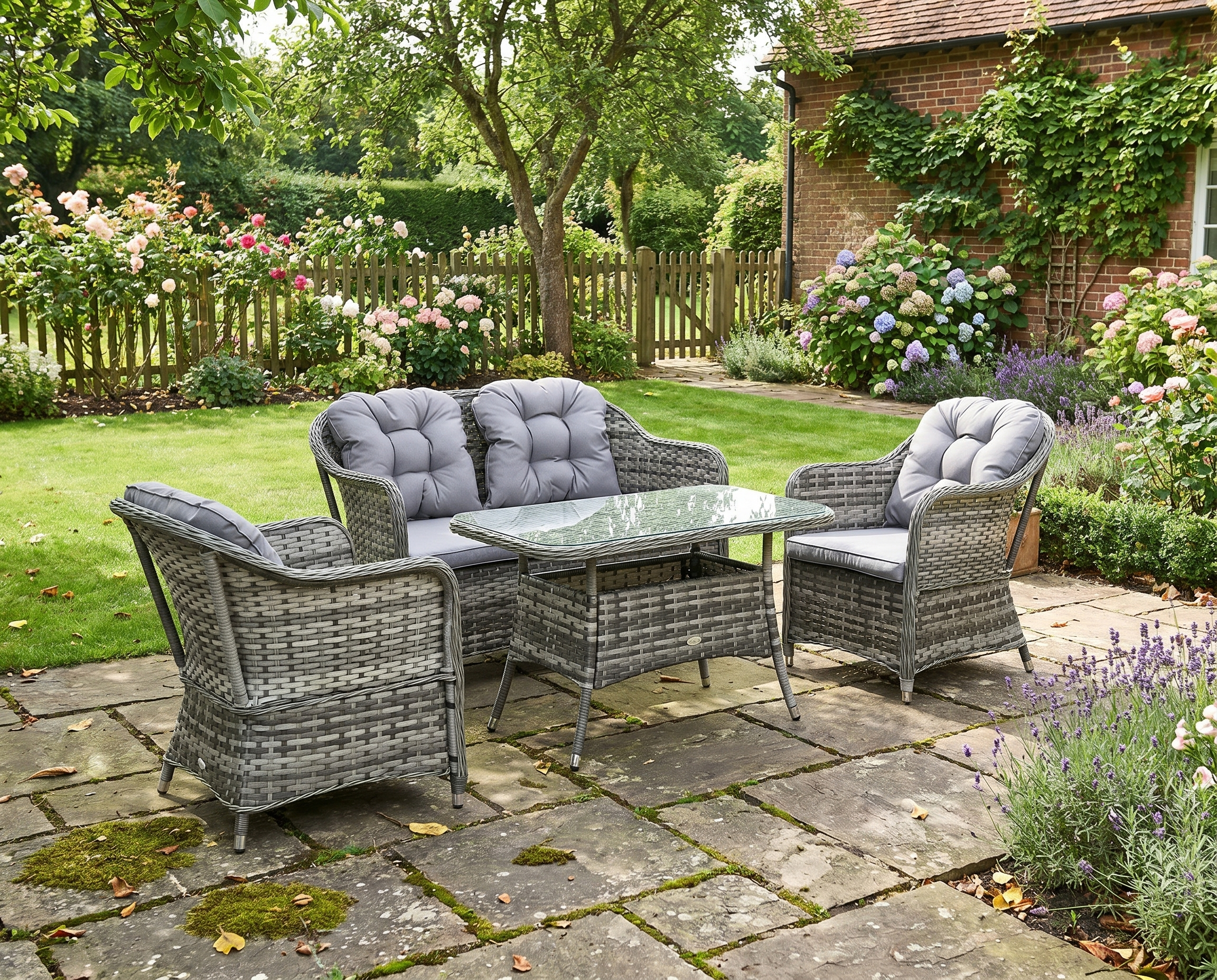 Grey Rounded Wicker Chairs With Glass Top Table