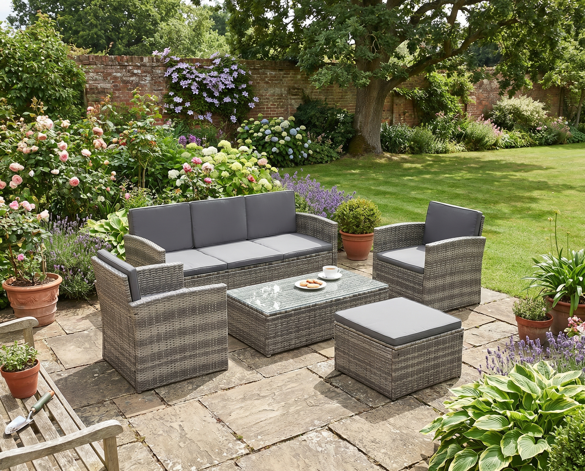 Rattan Garden Furniture Set With 3-Seater Sofa, 2 Single Chairs Plus Foot Stool & Coffee Table