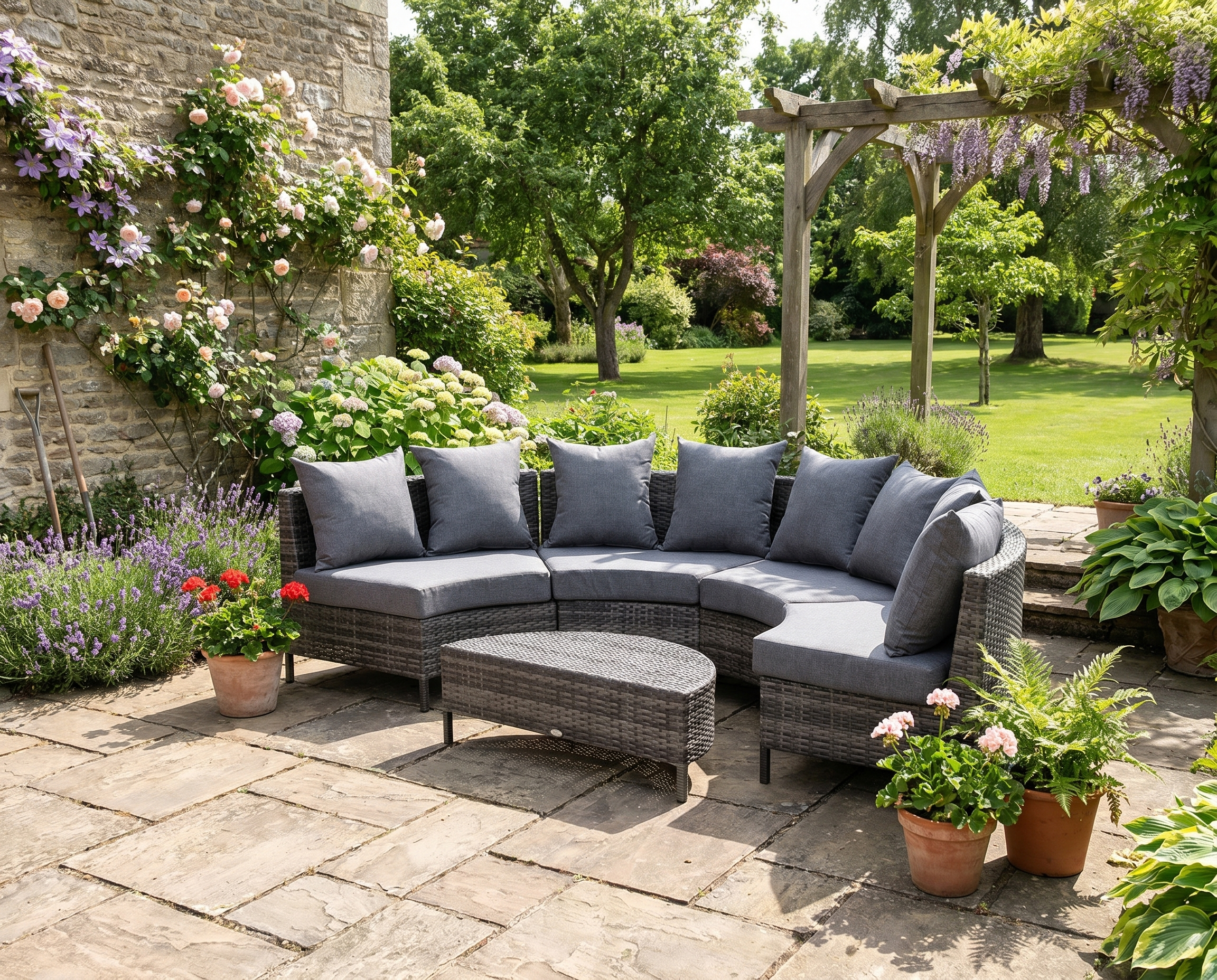 Grey4 Seater Half Round Rattan Sofa Set With Table