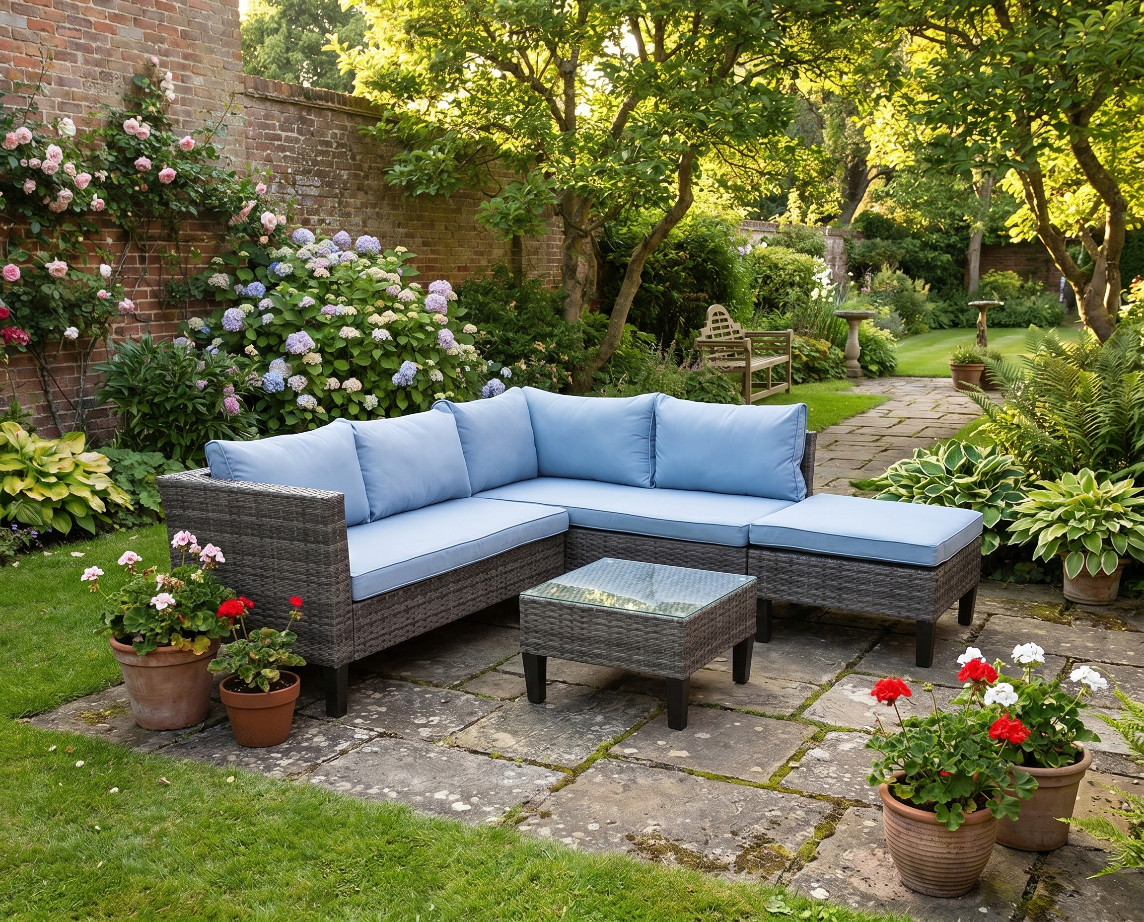 Blue 4 Seater Rattan Furniture Set With Tempered Glass Table