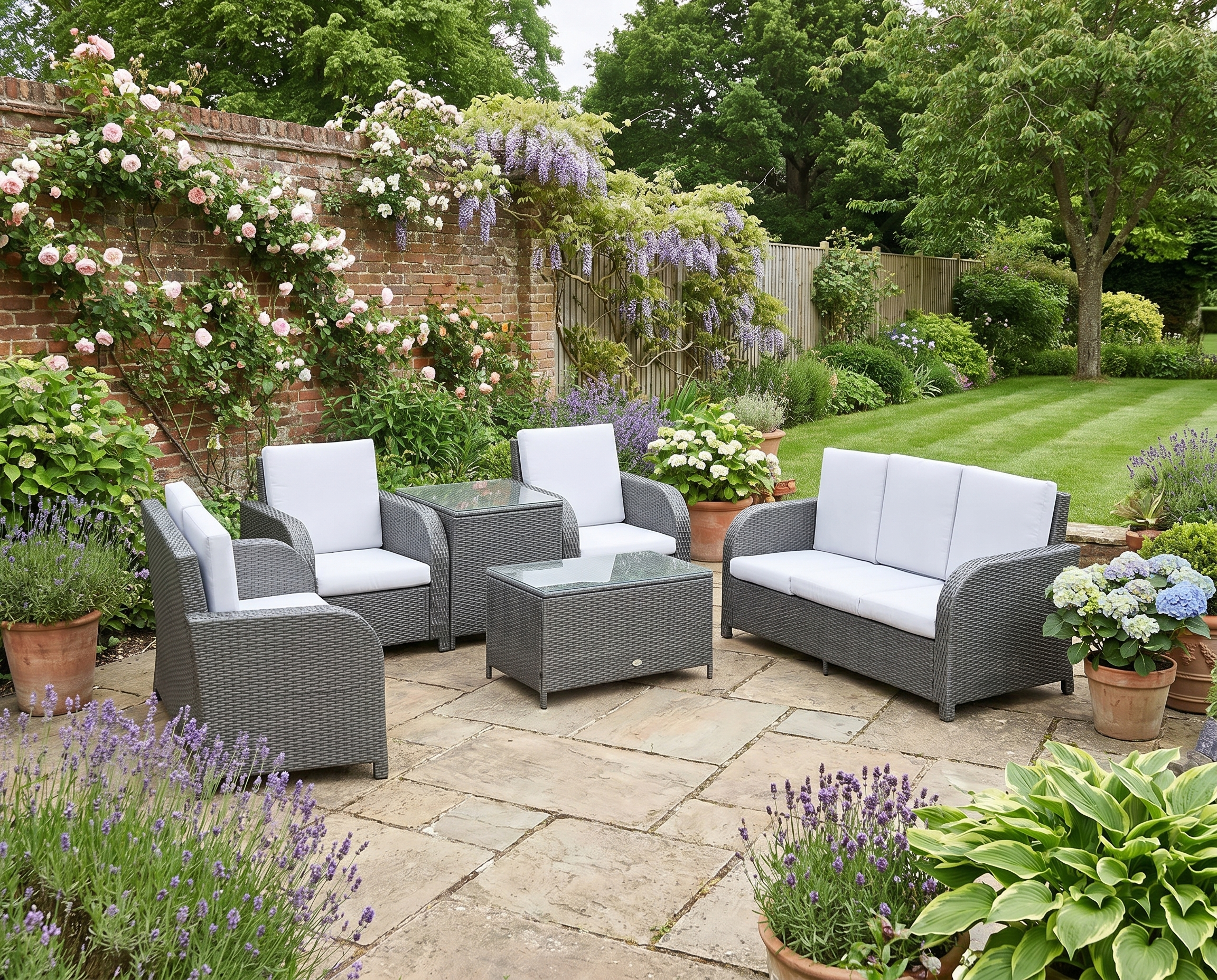 Grey 7 Seater Rattan Furniture Set with Wicker Sofa, Reclining Armchair and Glass Table