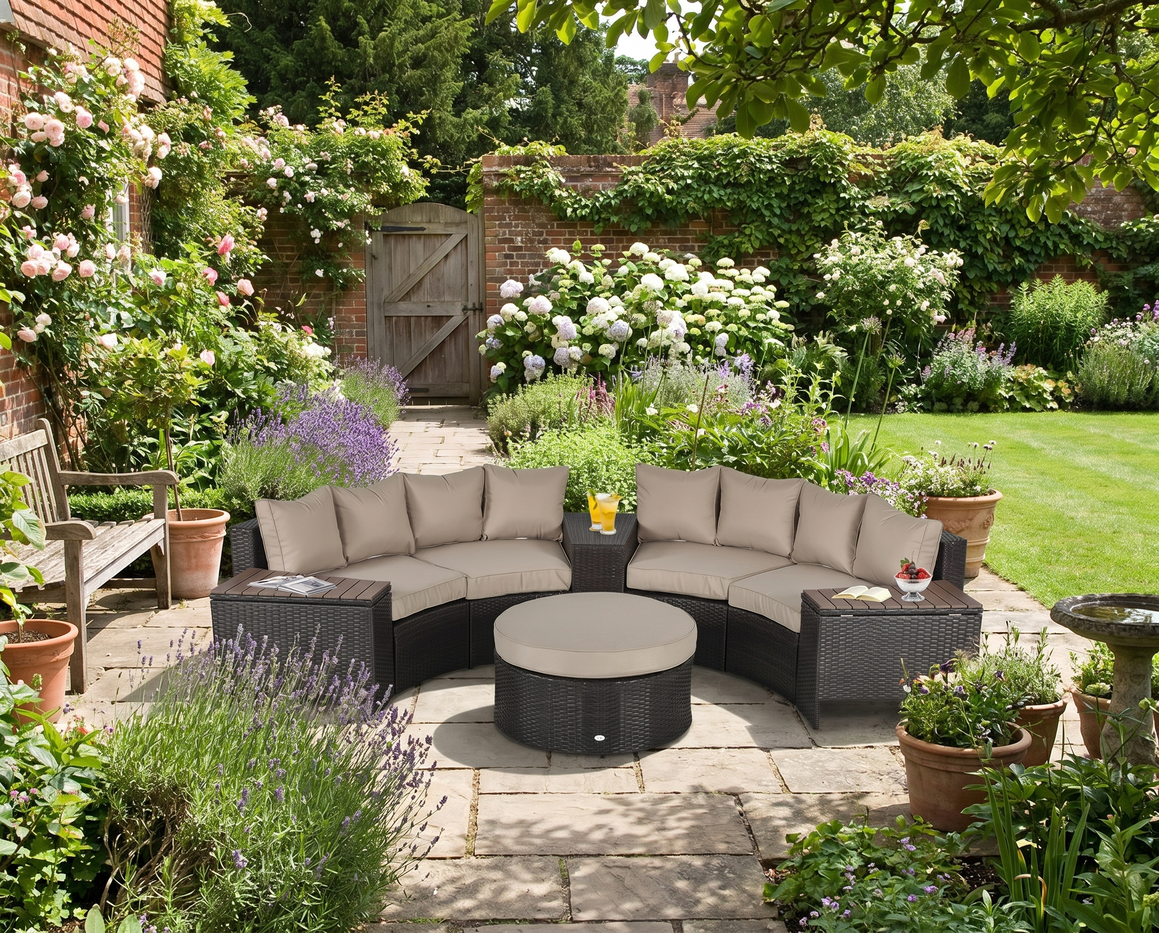 8 Piece Curved Rattan Sofa Set With Umbrella and Two Stroage Functional Side Tables