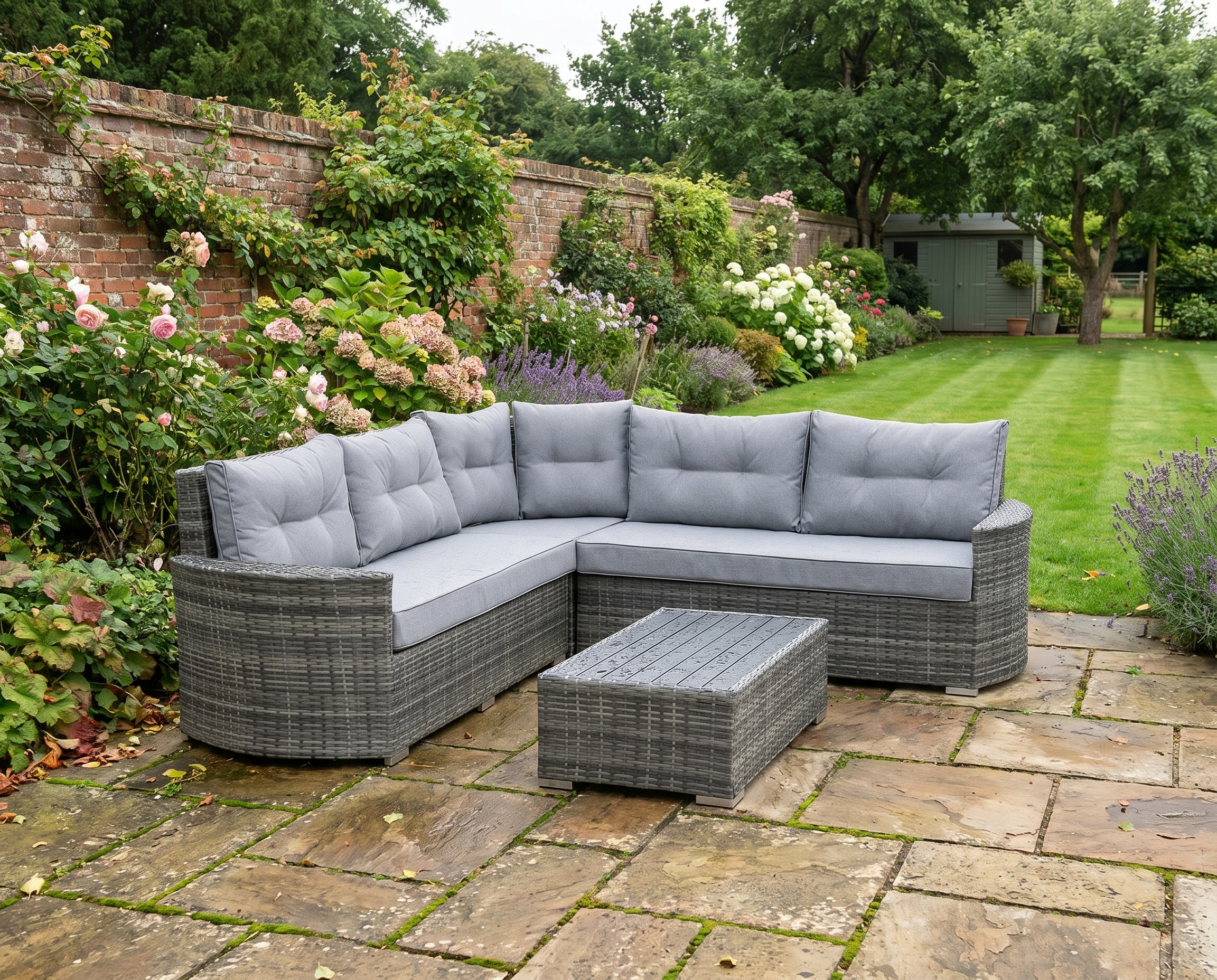 Grey 4 Seater Rattan Corner Sofa Set With Padded Cushions & Topper Coffee Table
