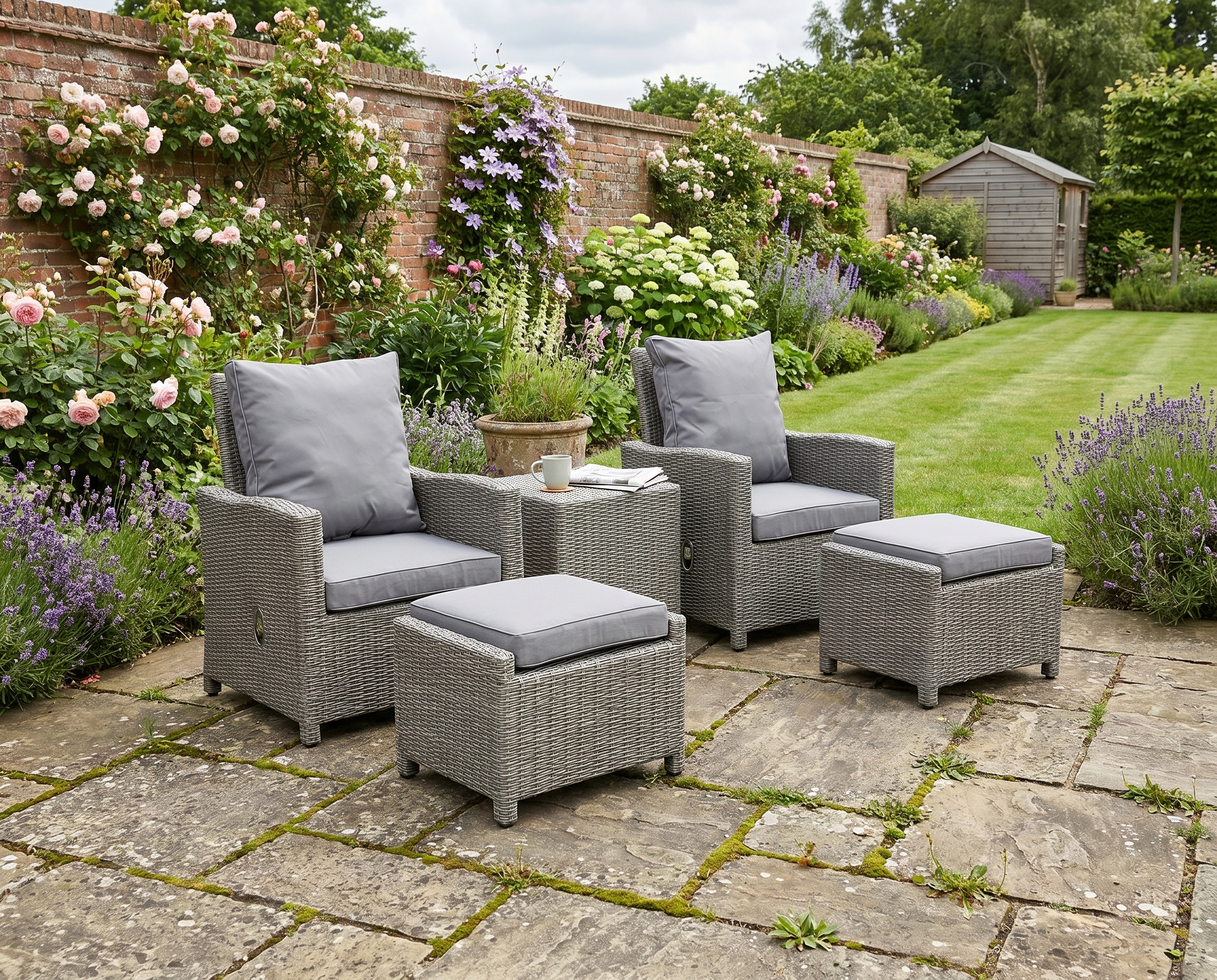 Grey Adjustable Rattan Chairs With x2 Footstools and Cooler Bar Coffee Table & Cover