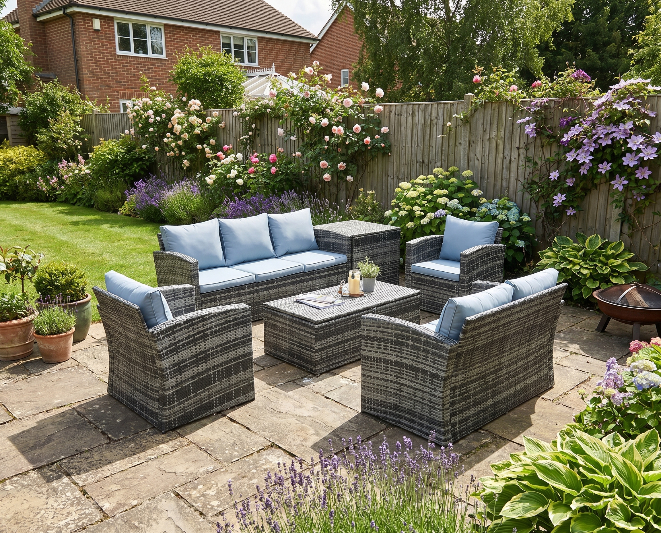 6 Piece Rattan Conversation Furniture Set With Storage Table and Cushions