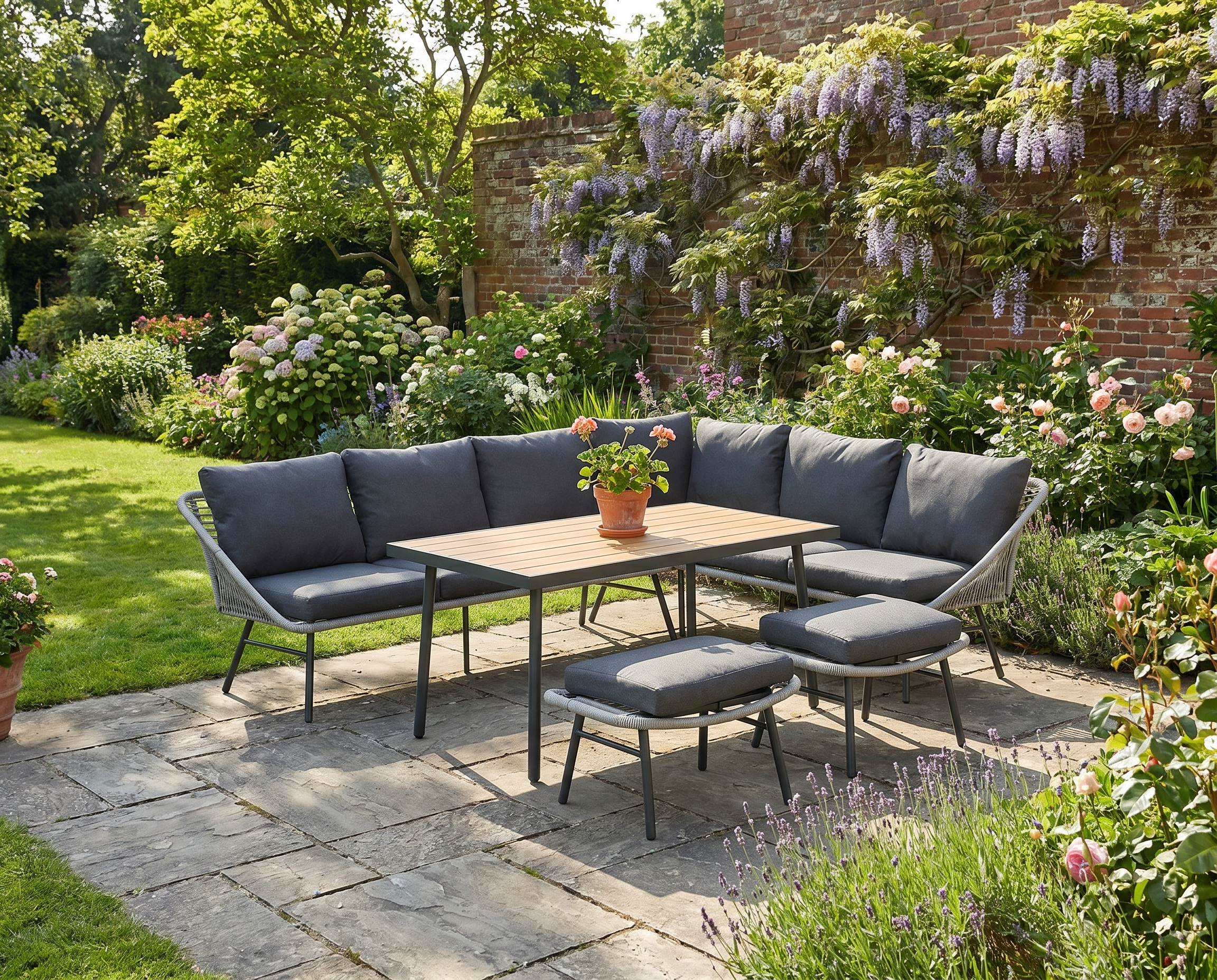 Dark Grey 6 Seater Rattan Furniture Set with Sofa, Footstool and Wood-Plastic Coffee Table