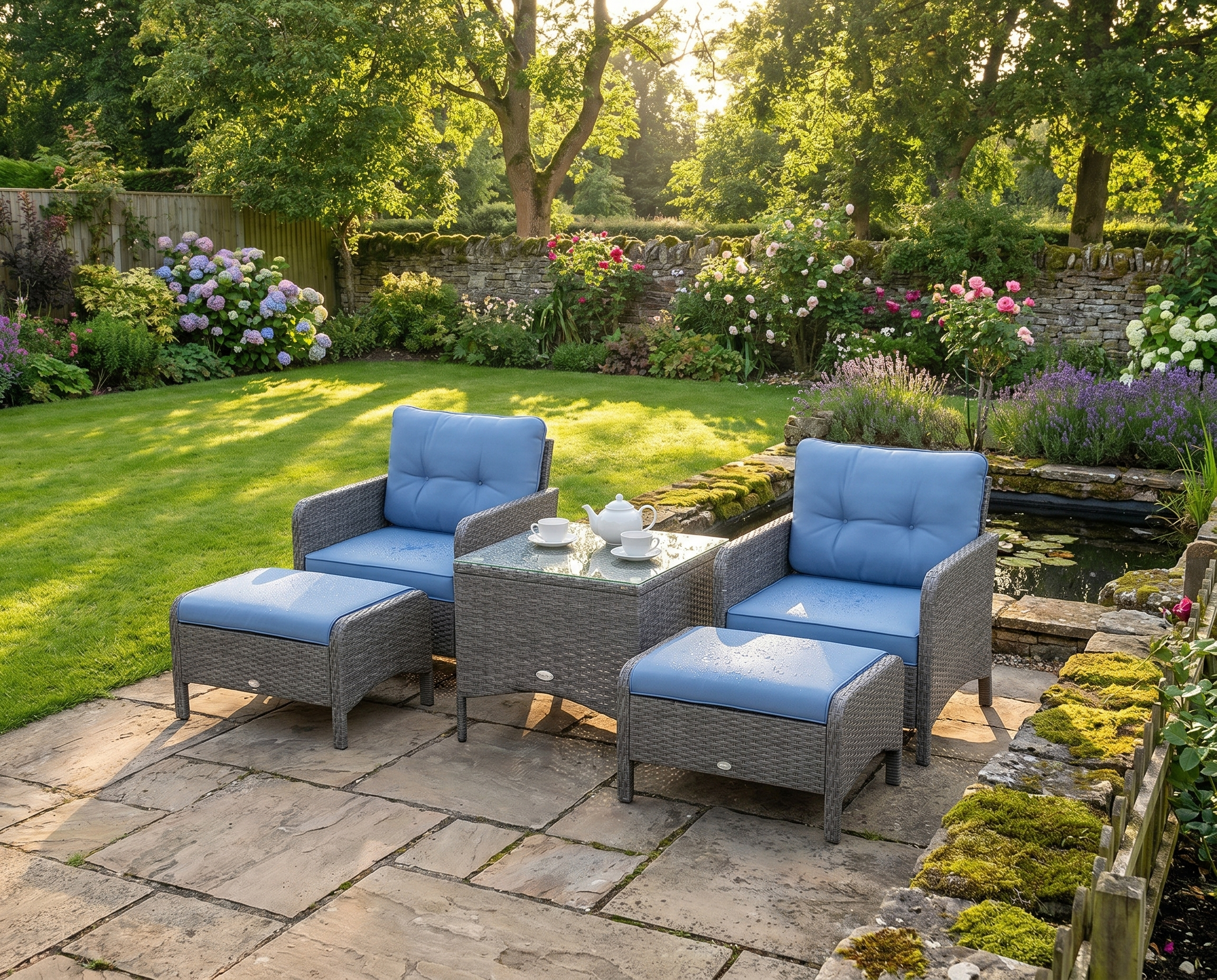 Blue 5 Piece Rattan Chair Set - 2 Armchairs & 2 Stools With Glass Top Table
