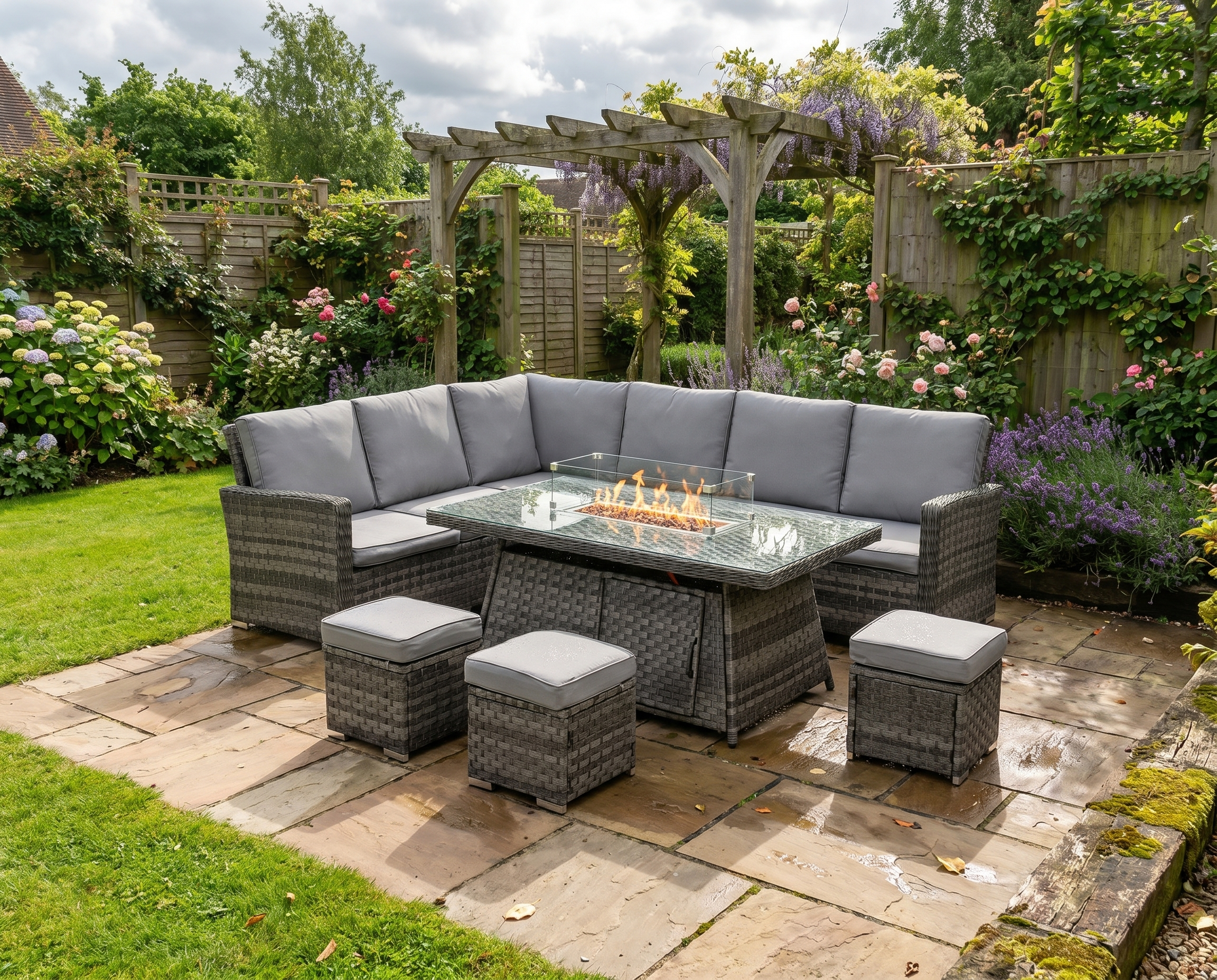 6 Seater Rattan Sofa With Fire Table - Grey