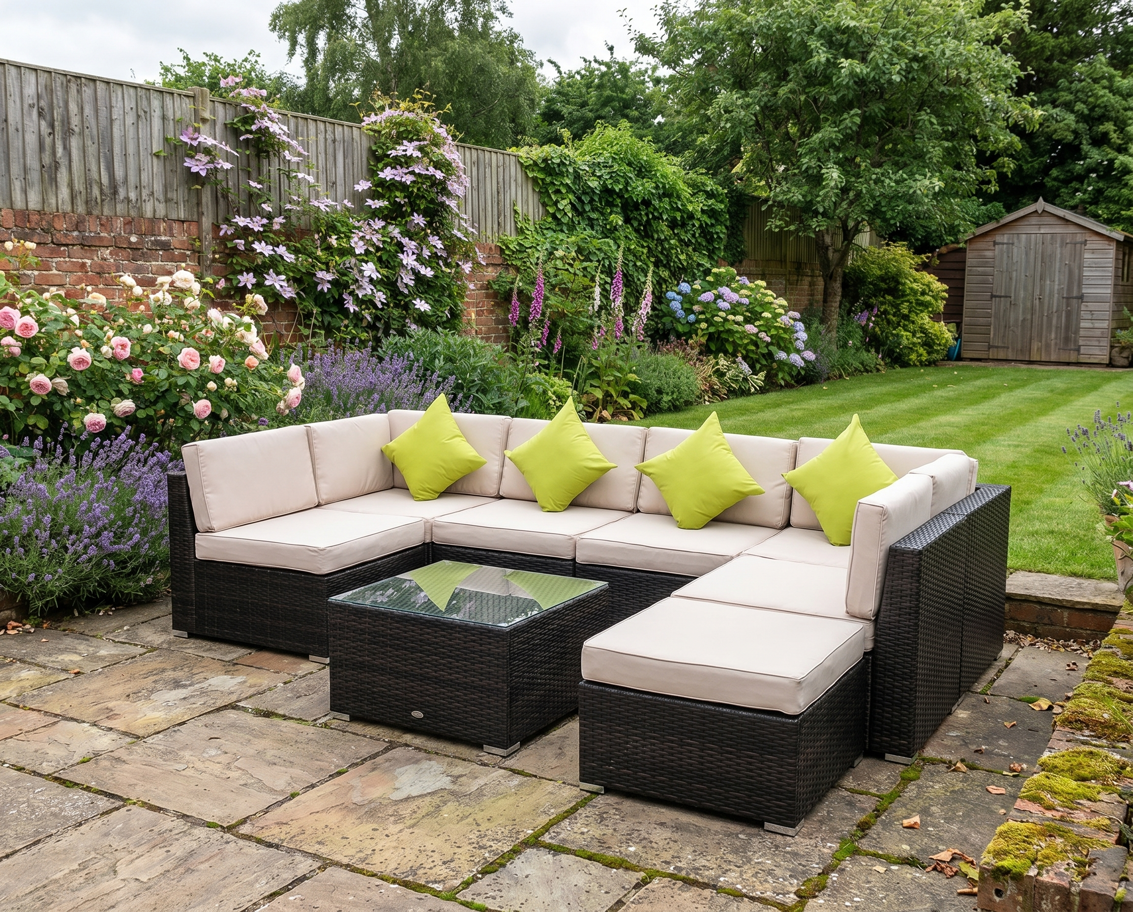 Brown 7-Seater Rattan Corner Sofa Set, Garden Furniture Set & Tempered Glass Table