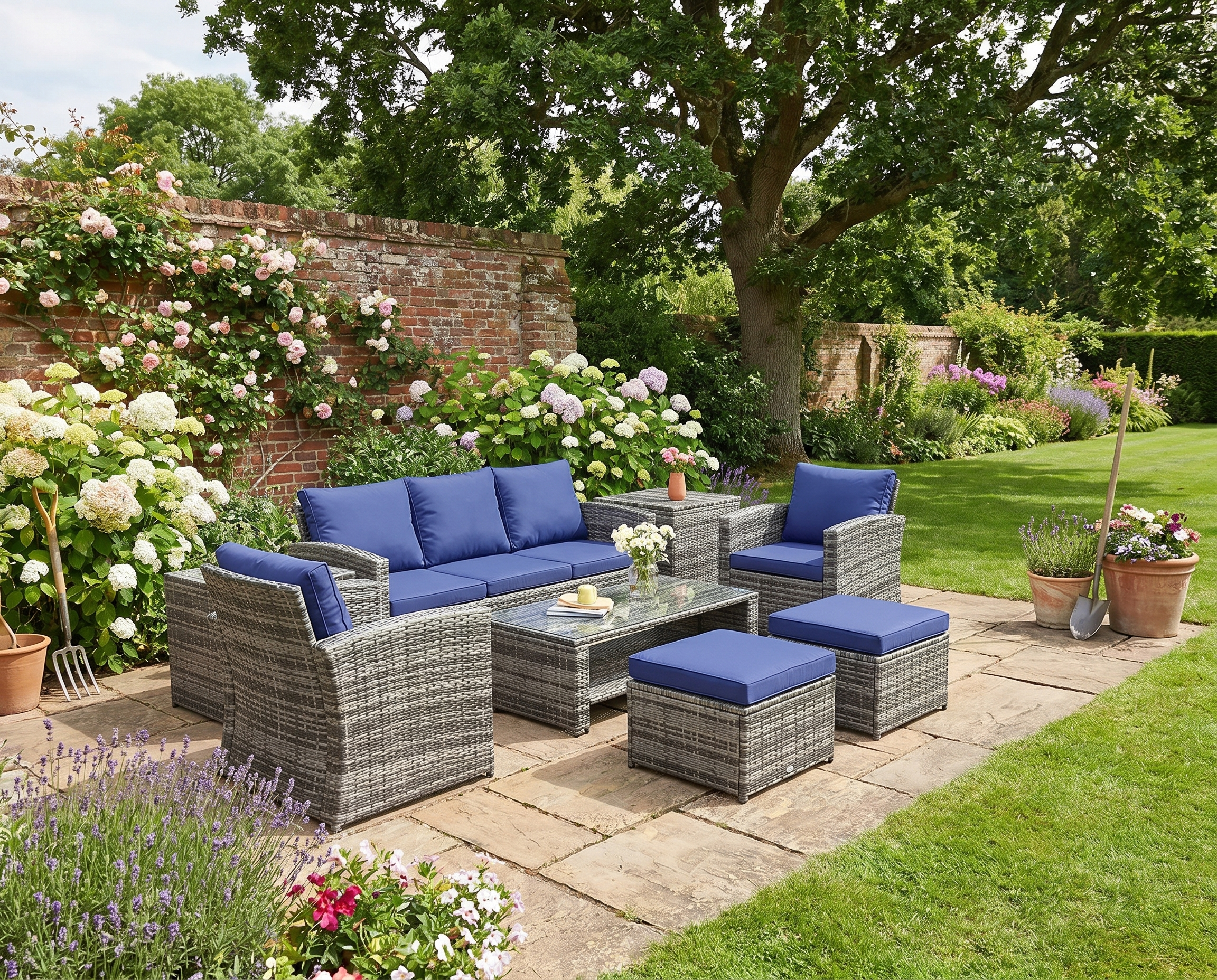 Navy 6 Piece Rattan Sofa Set With Storage Table