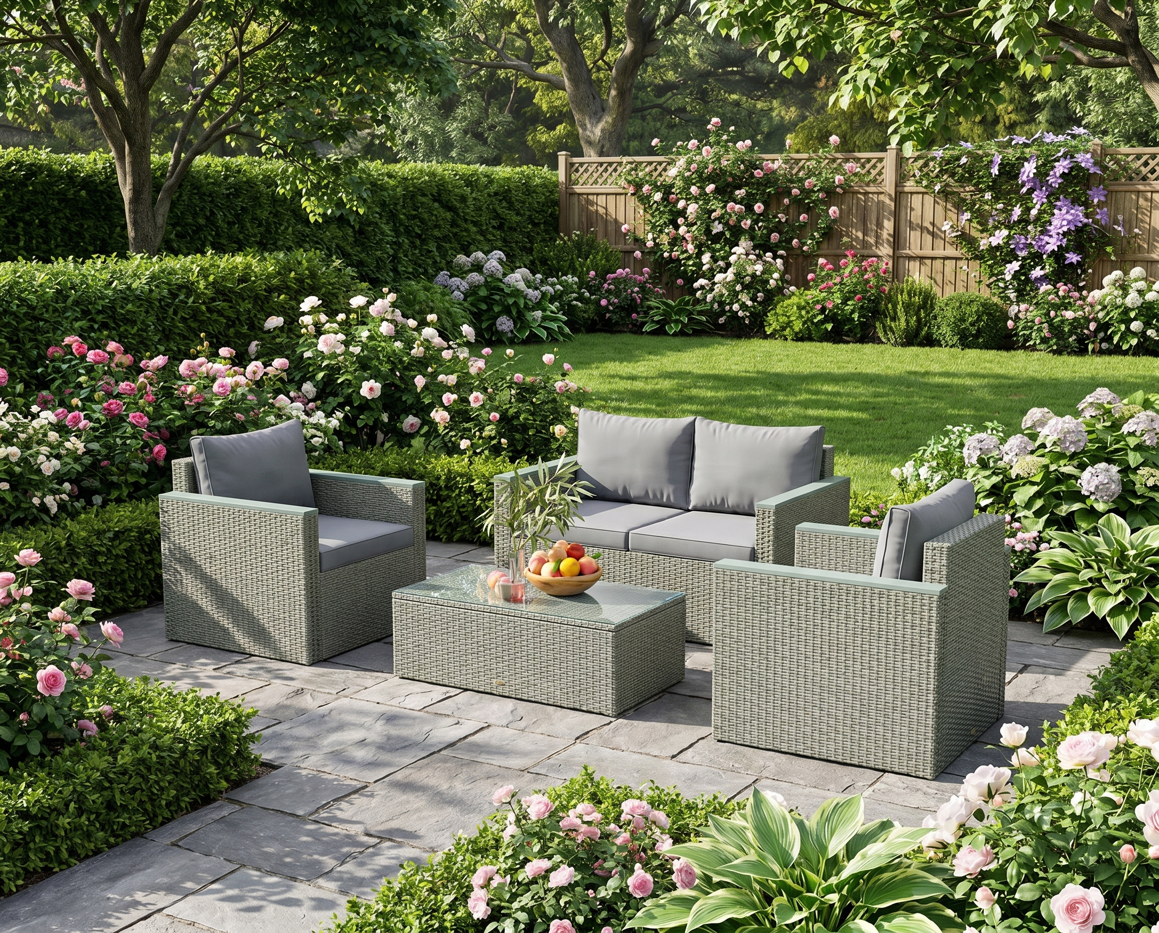 4 Piece Rattan Garden Furniture Set - Wicker Outdoor Sofa, Armchairs & Coffee Table - Light Grey