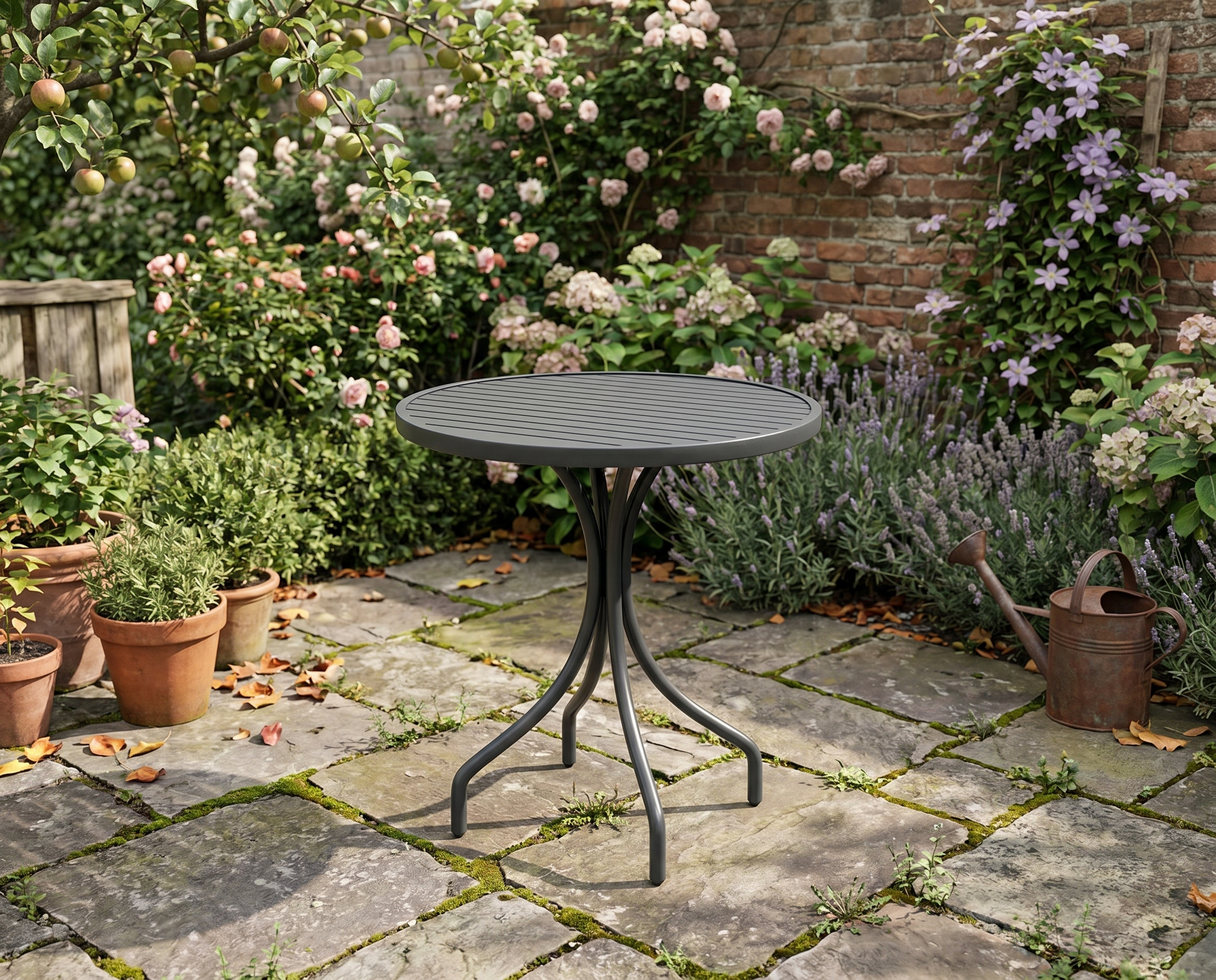 Black Steel Round Patio Side Table - 66cm Outdoor Garden Furniture