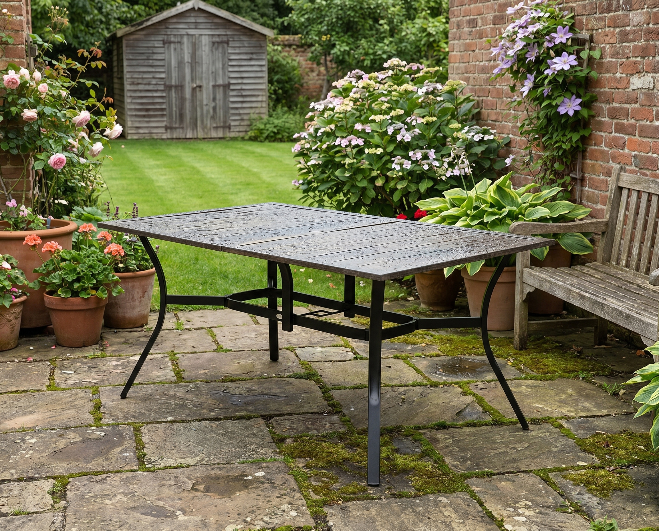 Wood-Effect Steel Garden Table for Six with Parasol Hole