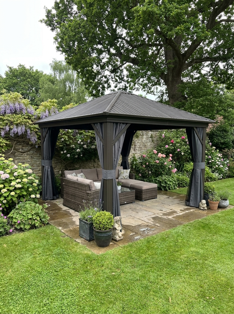 Dark Grey 3.6m x 3m Aluminium Frame Hardtop Gazebo with Accessories