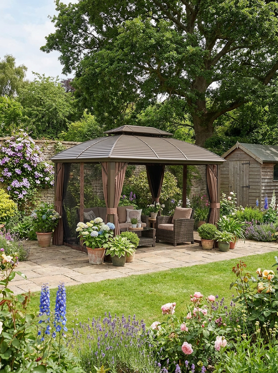 3.65m x 3m Hardtop Steel Gazebo Canopy - Aluminium Frame, Double Roof, Net Sidewalls & Curtains in Coffee