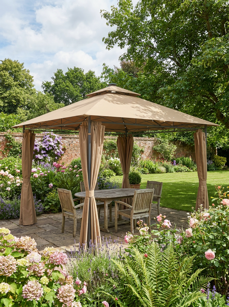 3 x 3 m Brown Garden Gazebo with Double Roof, Curtains & Solar-Powered LED Lights - Outdoor Canopy Shelter for Patio & Deck